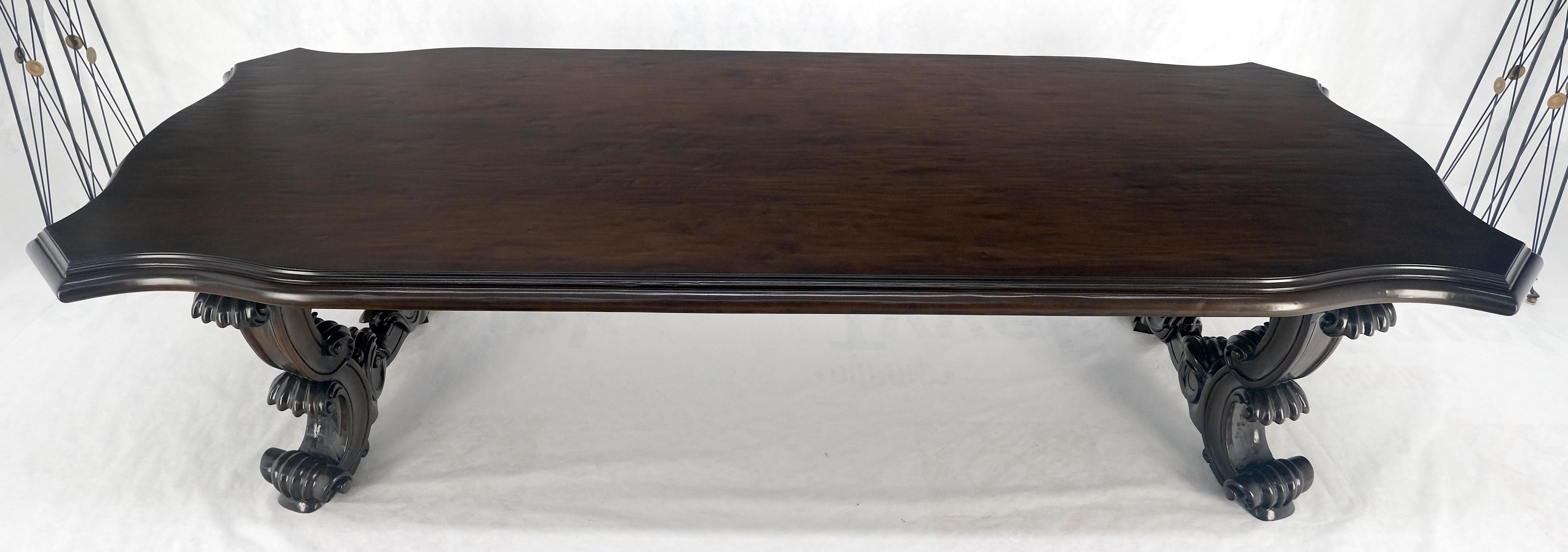 Large 10' Long Heavily Carved Base Scroll Shape Thick Top Dining Table MINT For Sale 3