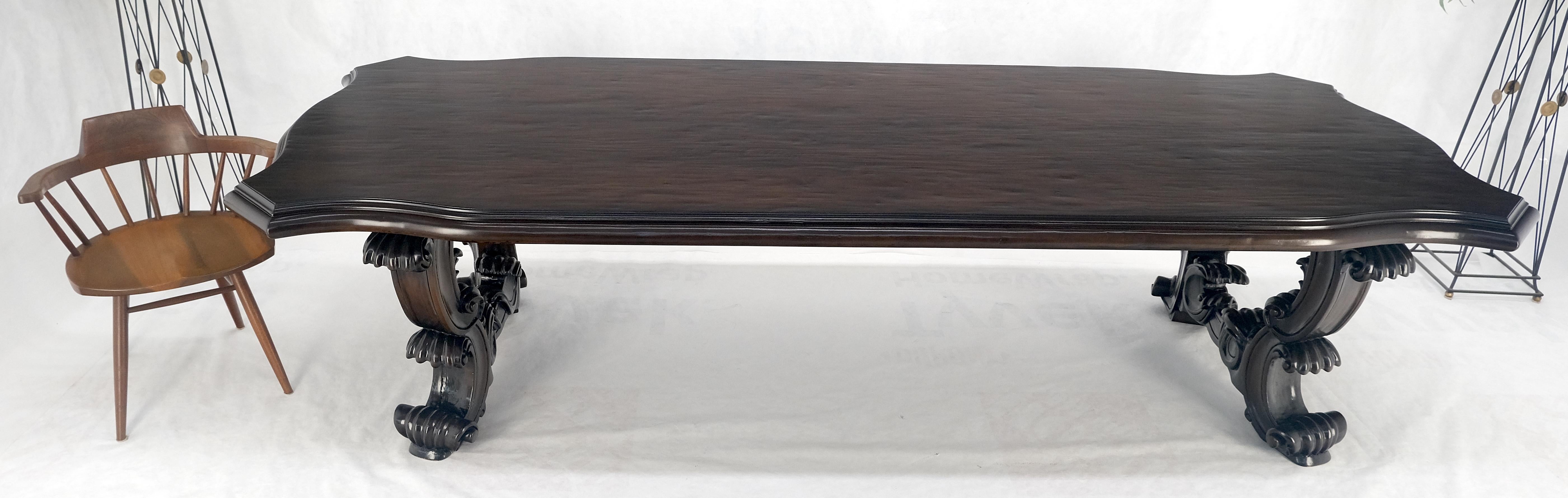Large 10' Long Heavily Carved Base Scroll Shape Thick Top Dining Table MINT For Sale 4