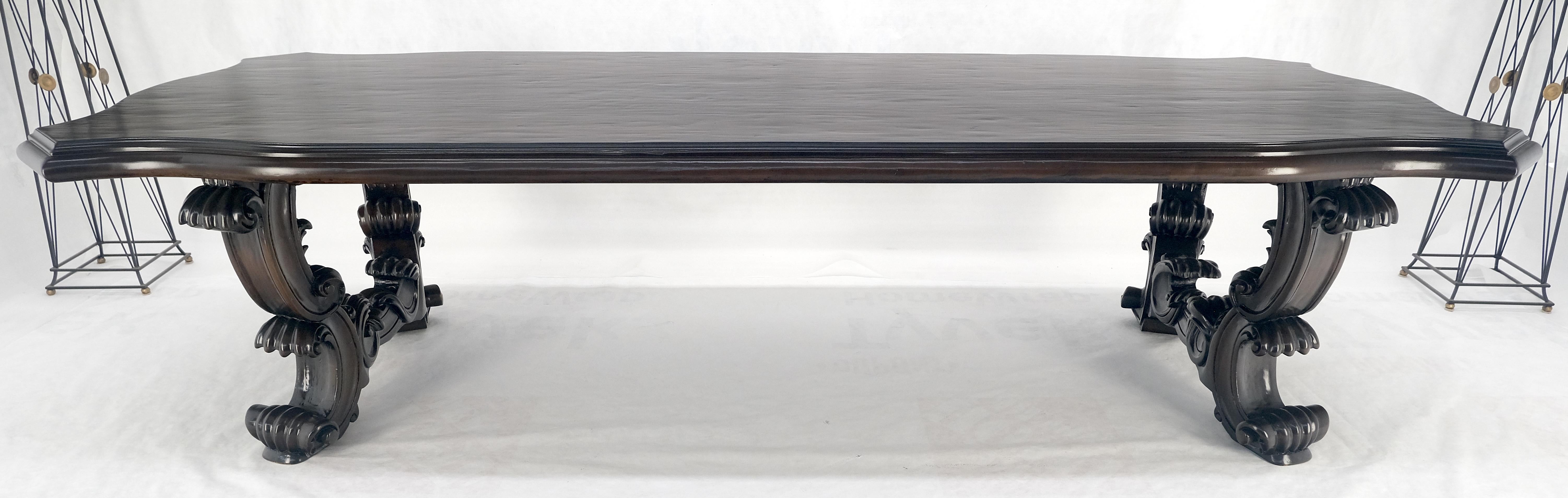 Large 10' Long Heavily Carved Base Scroll Shape Thick Top Dining Table MINT For Sale 5