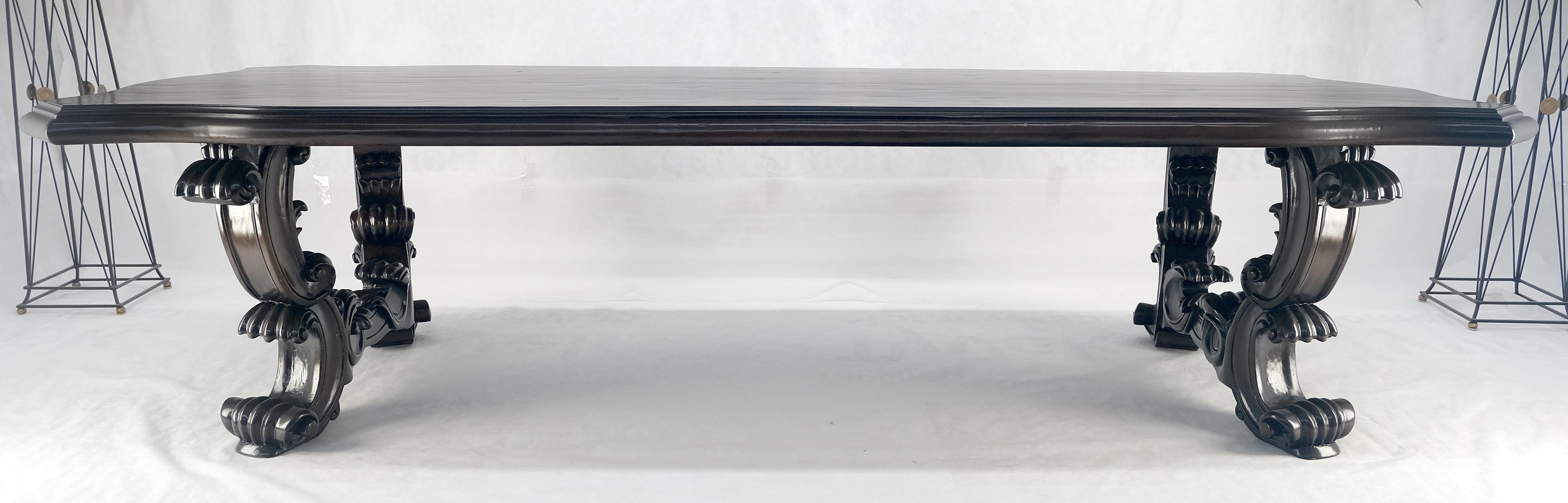 Italian Large 10' Long Heavily Carved Base Scroll Shape Thick Top Dining Table MINT For Sale