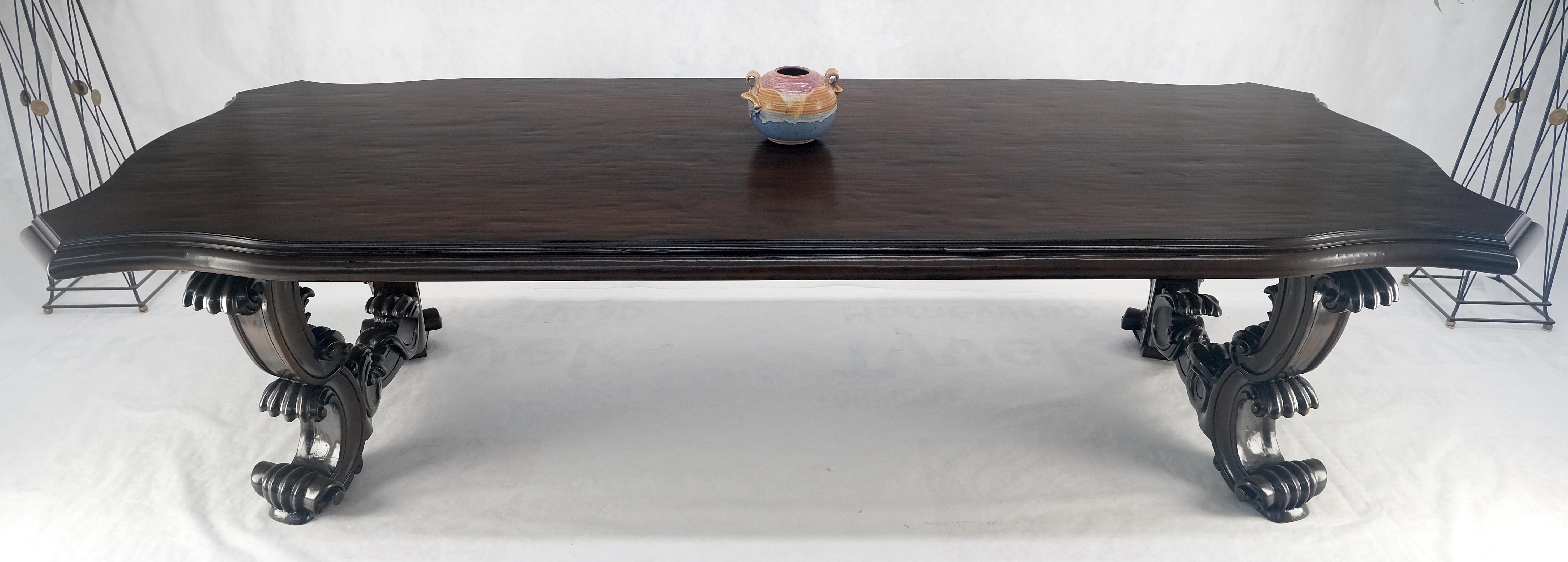 20th Century Large 10' Long Heavily Carved Base Scroll Shape Thick Top Dining Table MINT For Sale