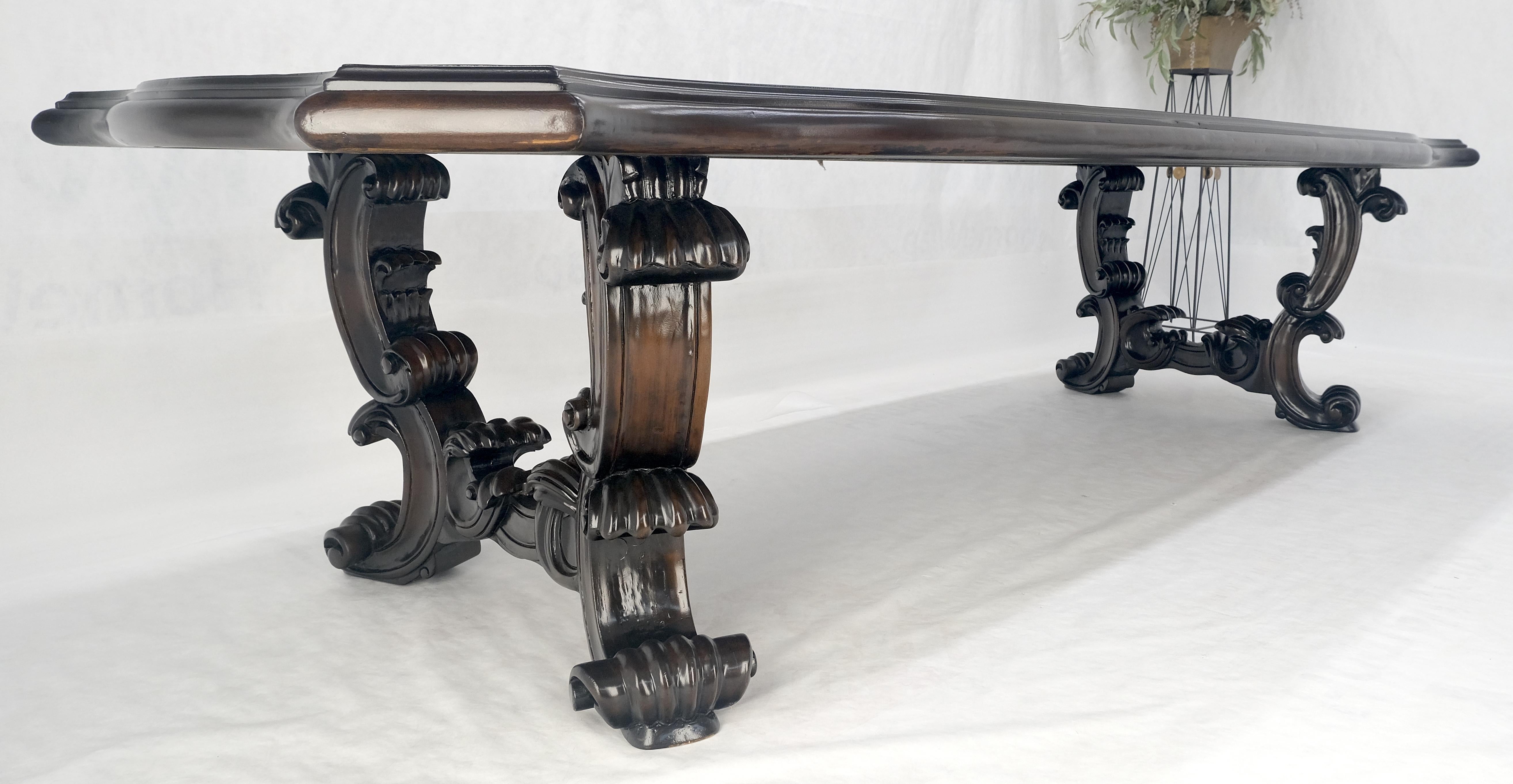 Oak Large 10' Long Heavily Carved Base Scroll Shape Thick Top Dining Table MINT For Sale