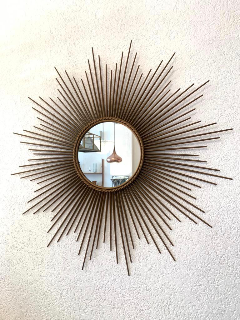 Rare very large 100cm diameter gilded metal sunburst wall mirror signed engrave 