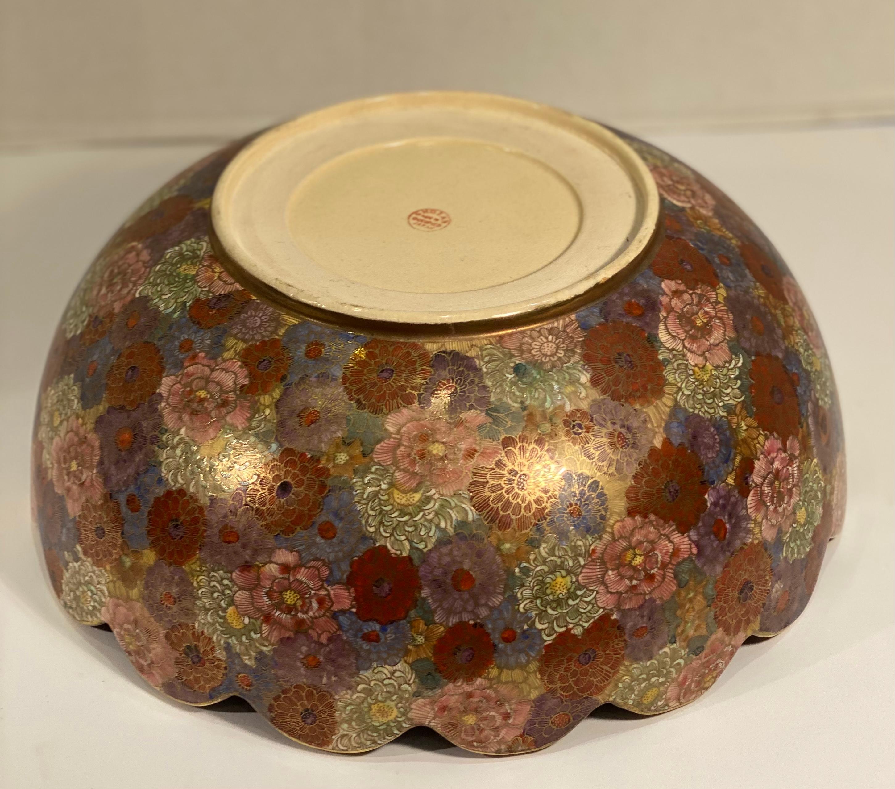 Large 1000 Flowers Occupied Japan Hand-Painted Porcelain Centerpiece Bowl 4