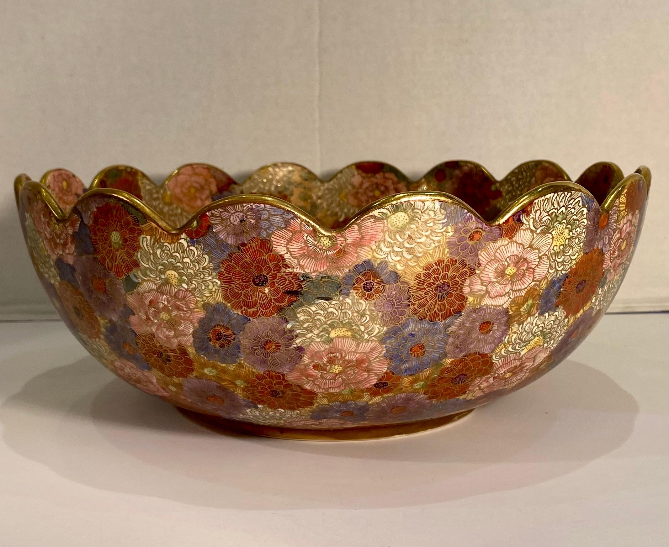 Magnificent handmade and hand-painted collectible Occupied Japan, Japanese export ware, large centerpiece bowl in the Satsuma style made by the Shozan factory. Shozan is famous for their Satsuma style porcelain. Hallmarked Shozan and Made in
