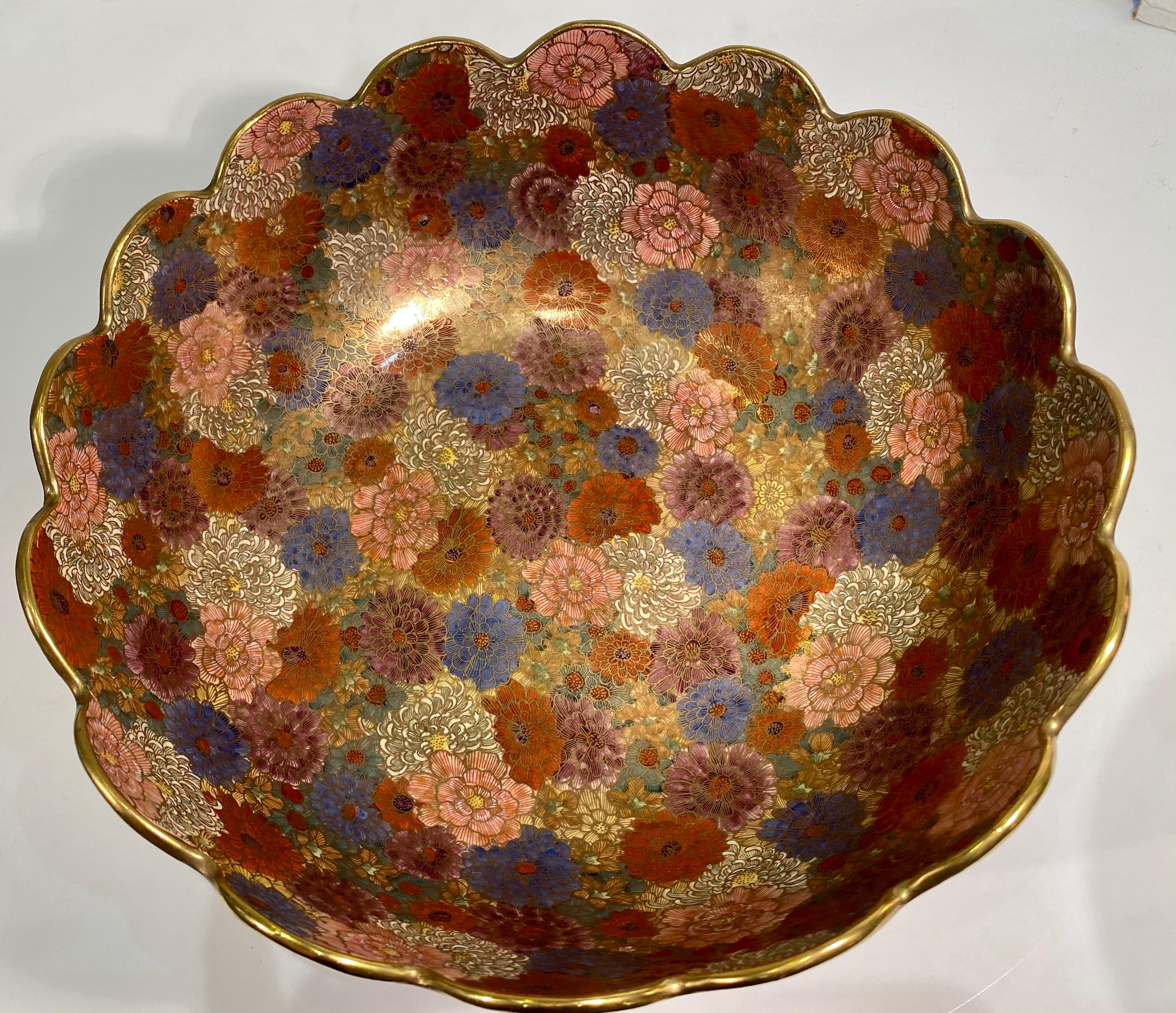 Large 1000 Flowers Occupied Japan Hand-Painted Porcelain Centerpiece Bowl In Good Condition In Tustin, CA