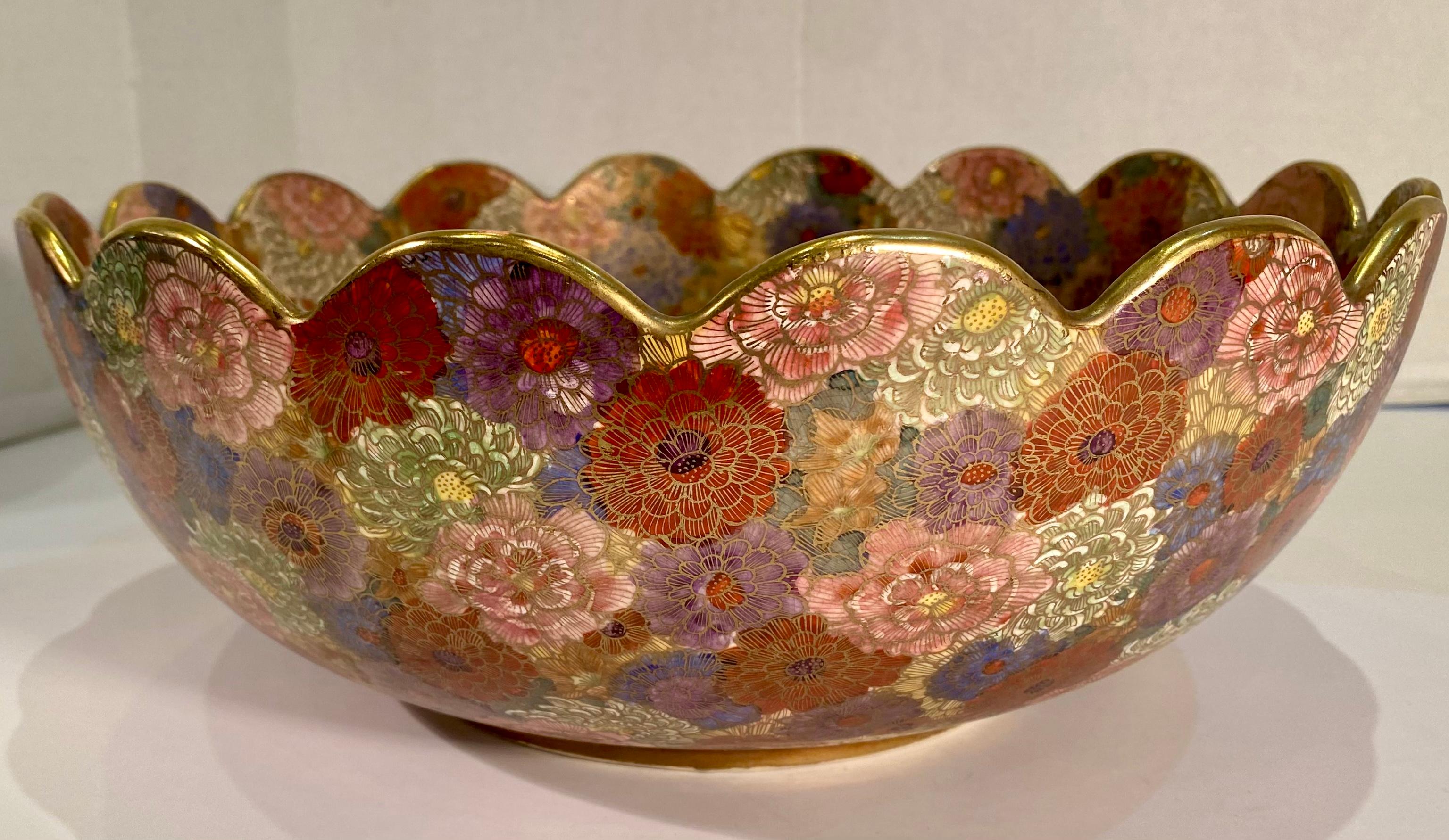 Large 1000 Flowers Occupied Japan Hand-Painted Porcelain Centerpiece Bowl 2