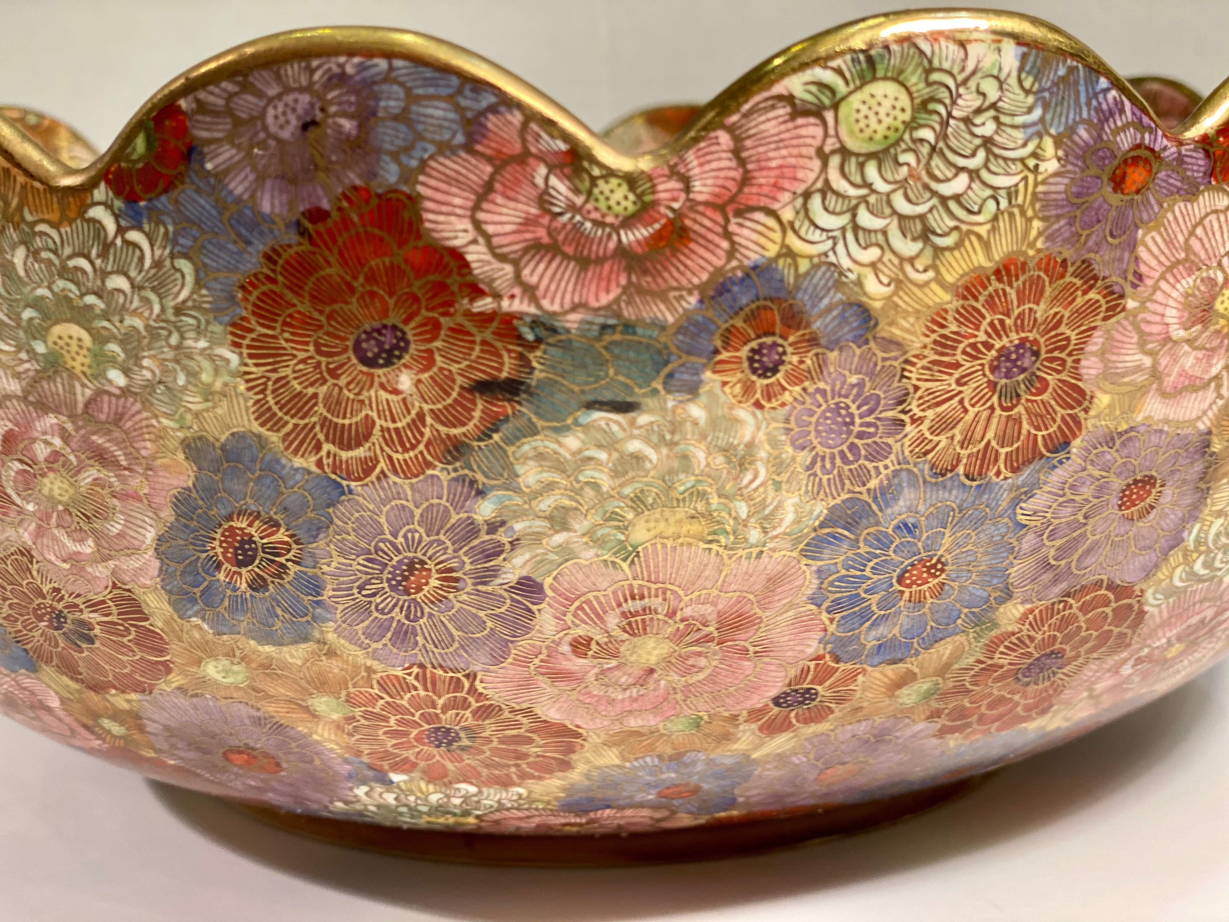 Large 1000 Flowers Occupied Japan Hand-Painted Porcelain Centerpiece Bowl 3