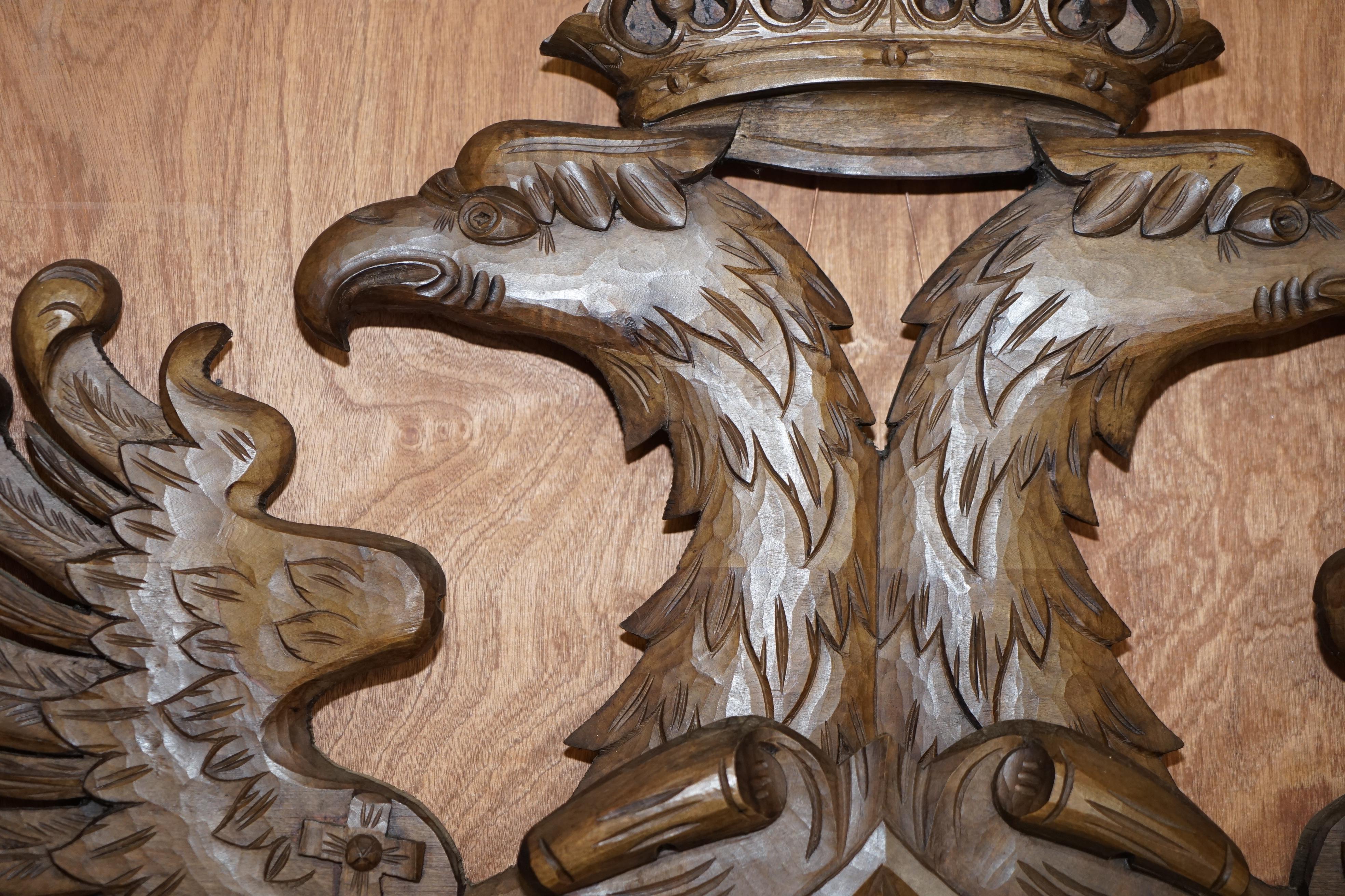 Hardwood Large Hand Carved Wood Heraldic Armorial Crest Coat of Arms Eagles