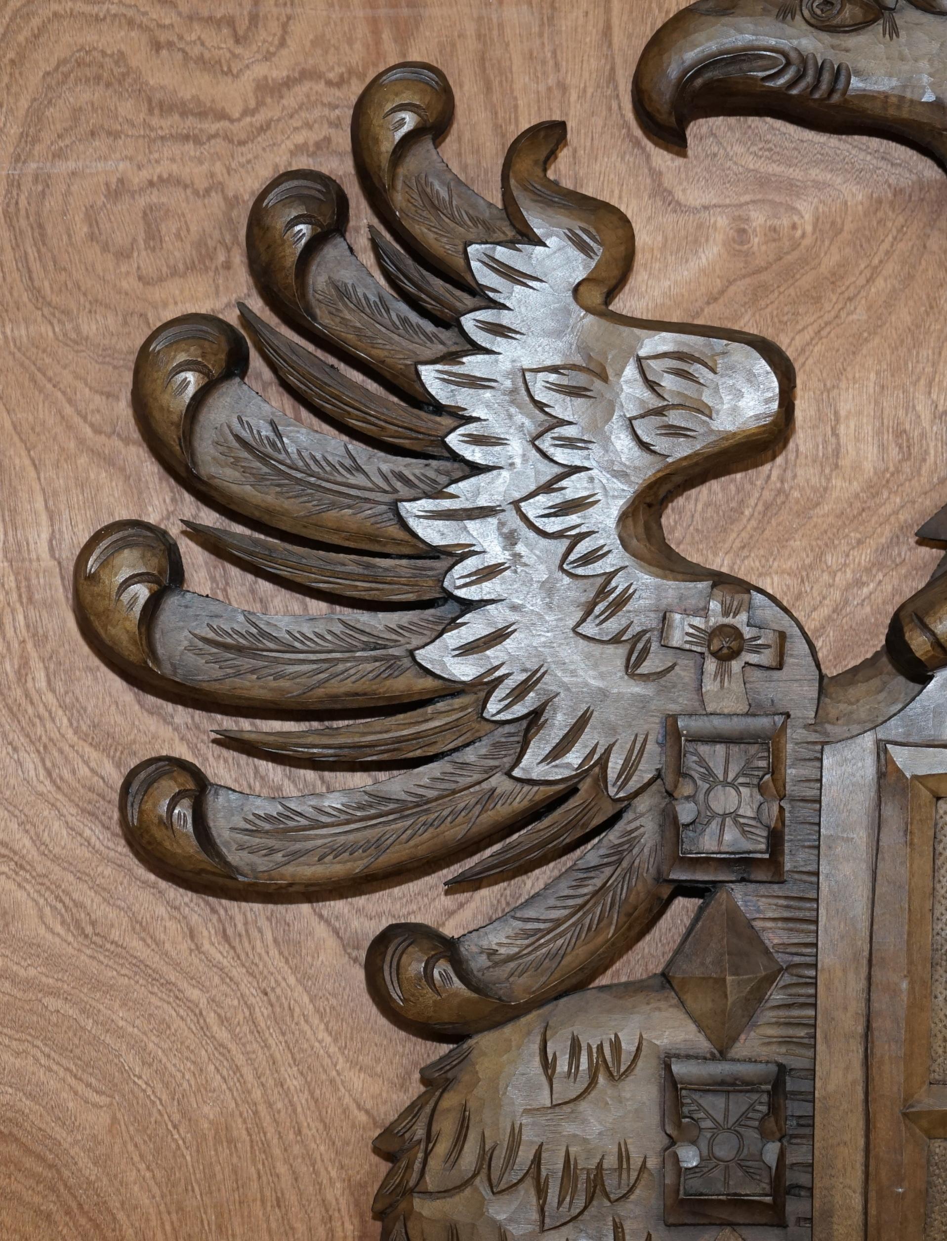 Large Hand Carved Wood Heraldic Armorial Crest Coat of Arms Eagles 1