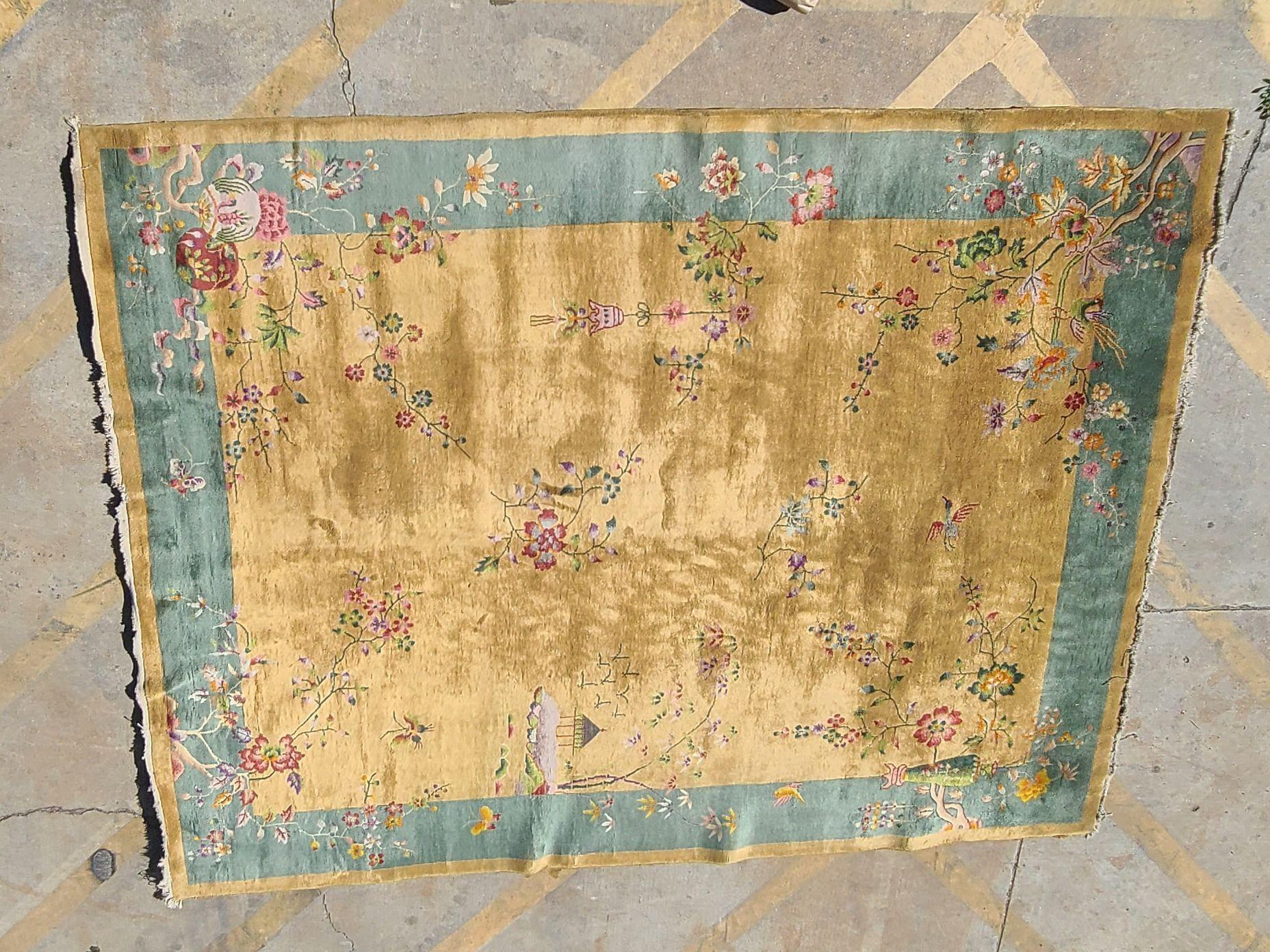 Large 11.5' X 9' Art Deco Nichols-Style Chinese Wool/Cotton Area Rug In Fair Condition For Sale In Van Nuys, CA