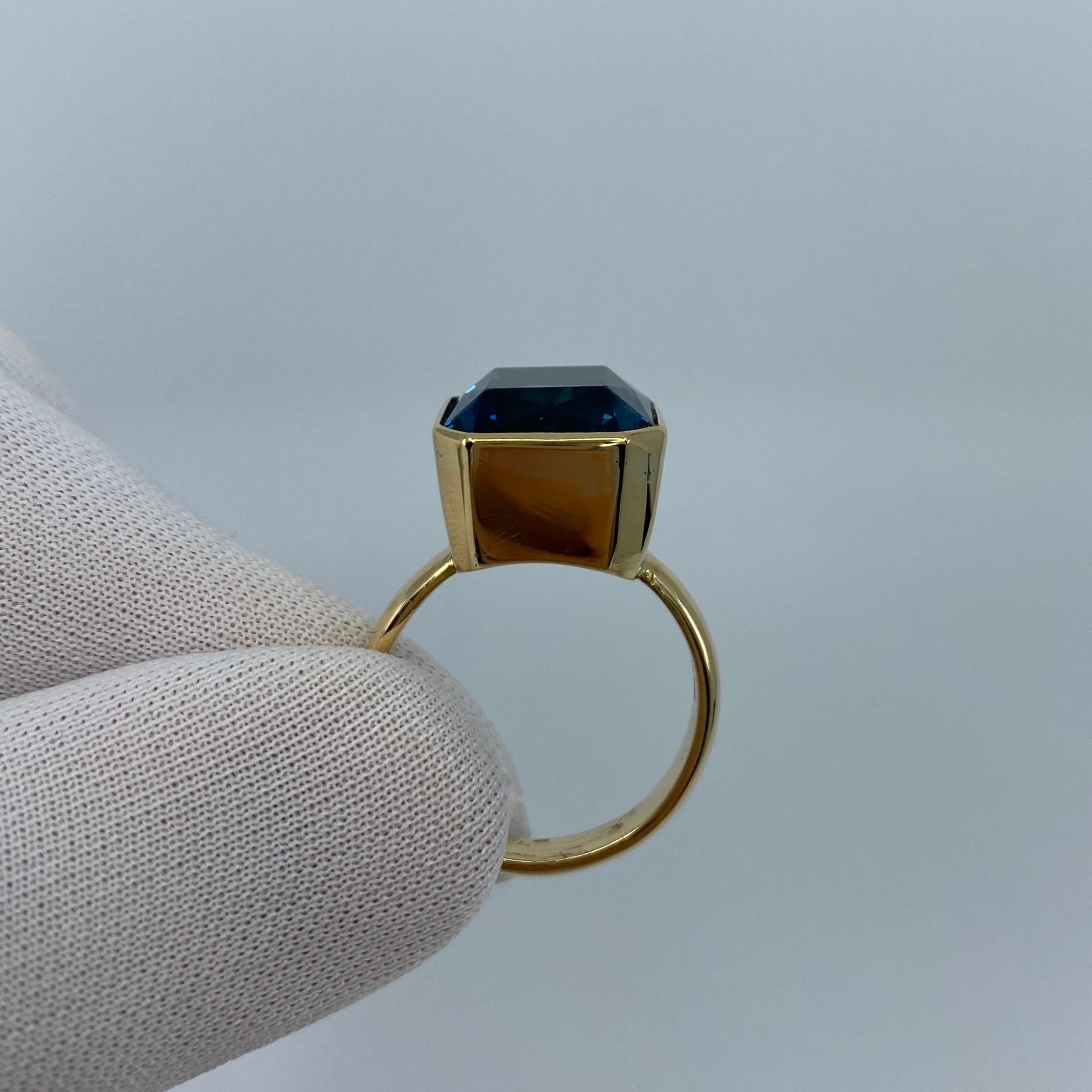 Large 11.93 Carat London Blue Topaz Fancy Square Cut 18 Karat Gold Handmade Ring For Sale 3