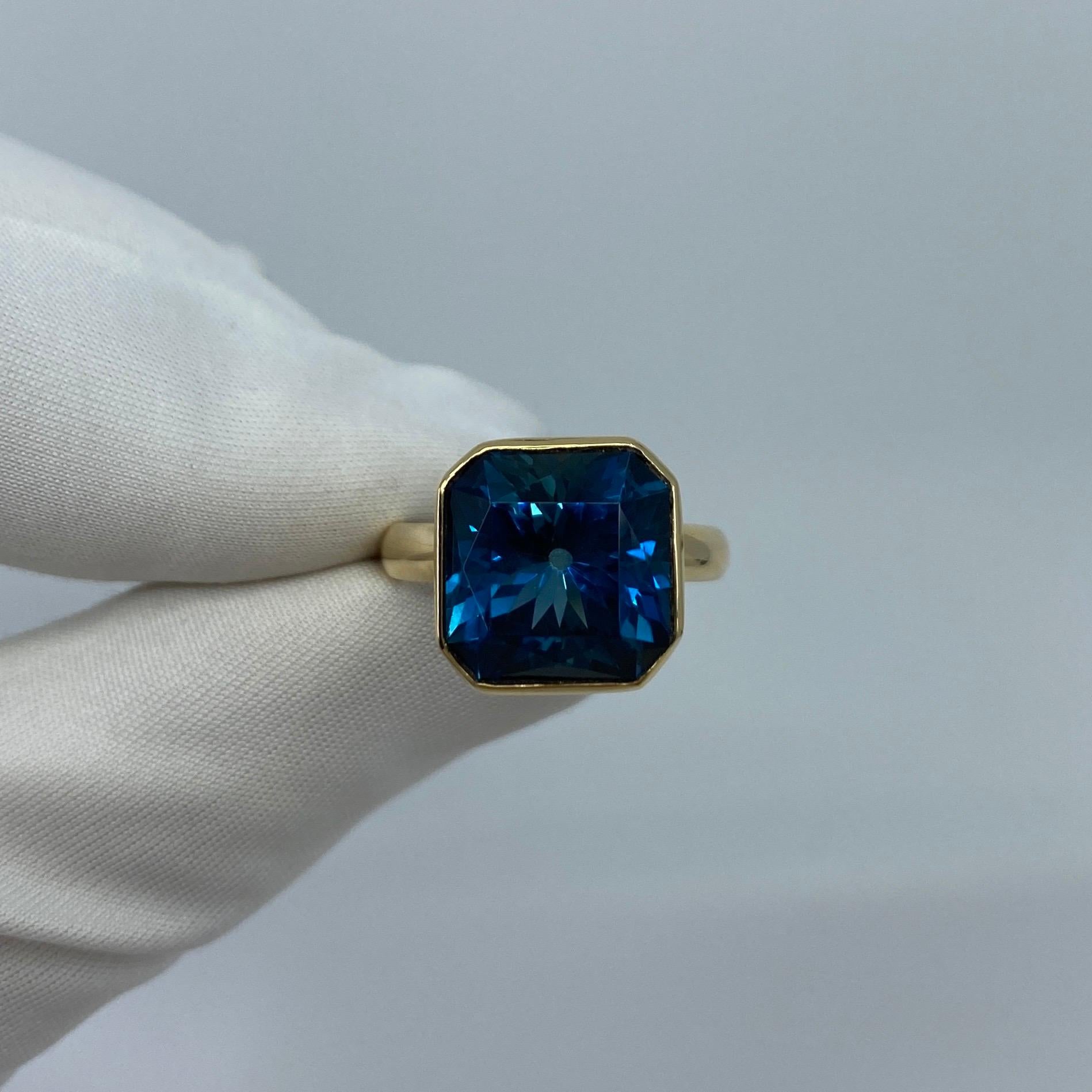 Large 11.93 Carat London Blue Topaz Fancy Square Cut 18 Karat Gold Handmade Ring For Sale 5