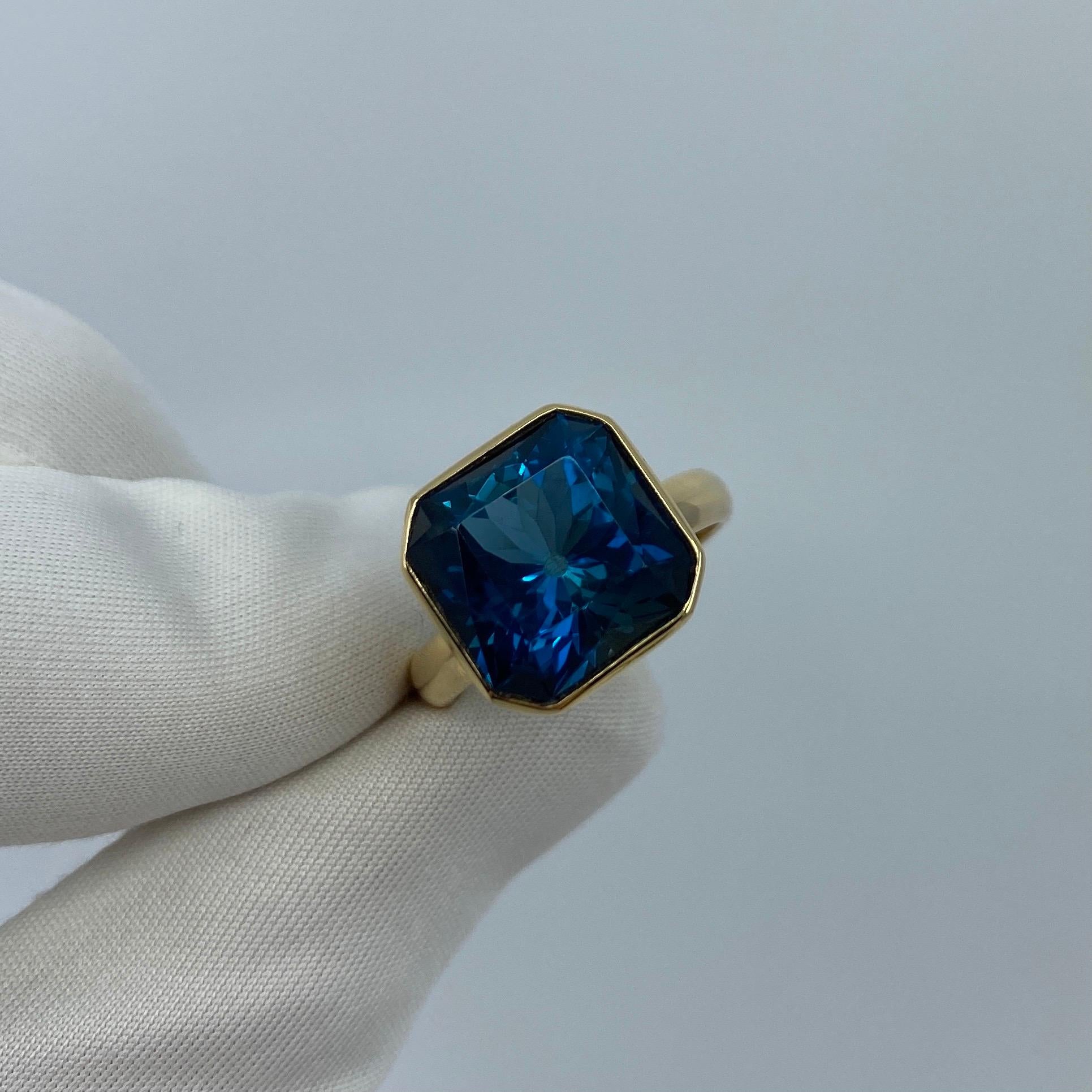 Radiant Cut Large 11.93 Carat London Blue Topaz Fancy Square Cut 18 Karat Gold Handmade Ring For Sale