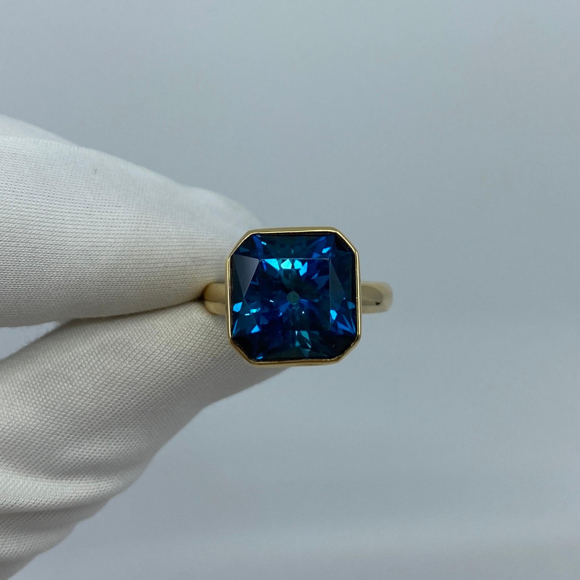 Large 11.93 Carat London Blue Topaz Fancy Square Cut 18 Karat Gold Handmade Ring In New Condition In Birmingham, GB