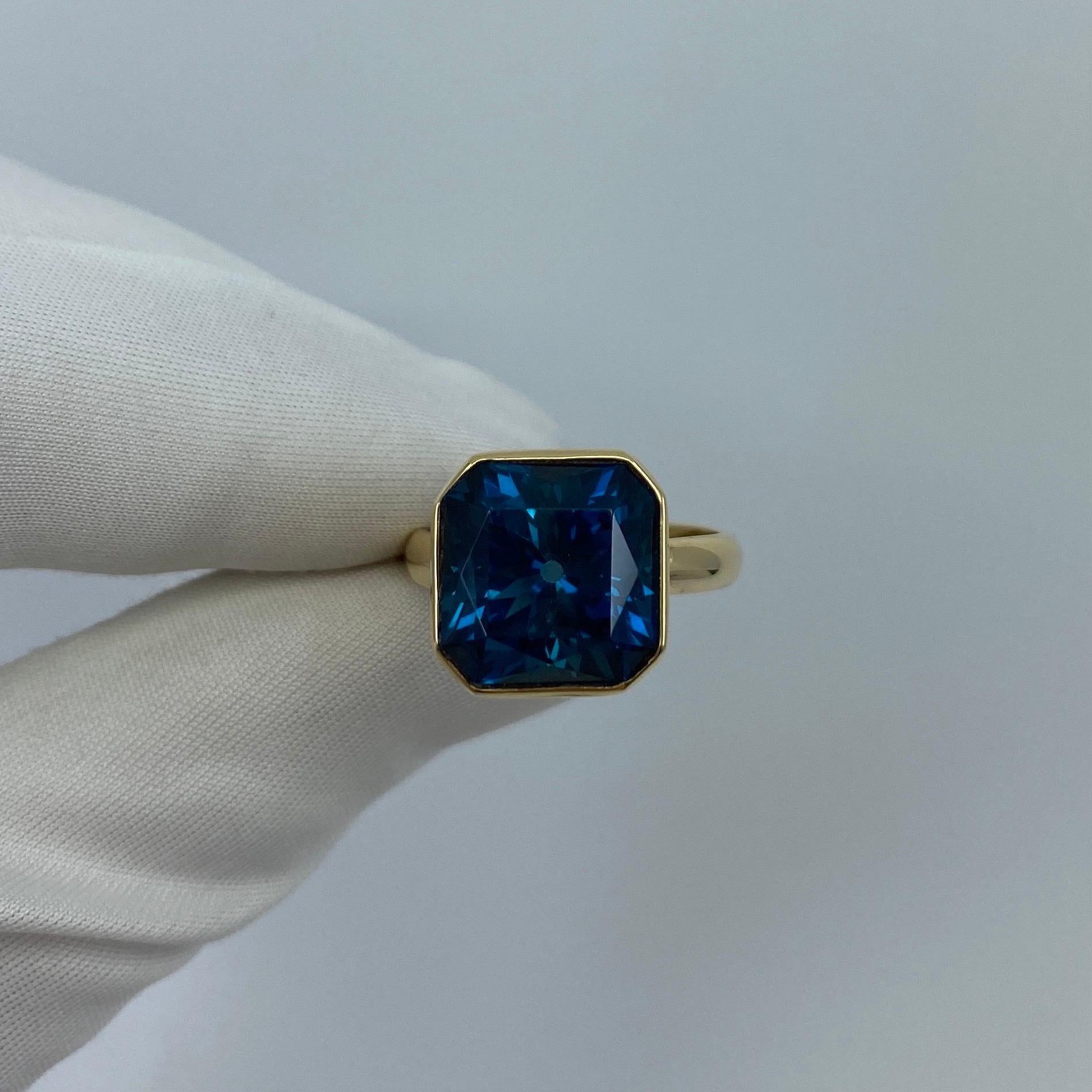 Women's or Men's Large 11.93 Carat London Blue Topaz Fancy Square Cut 18 Karat Gold Handmade Ring For Sale