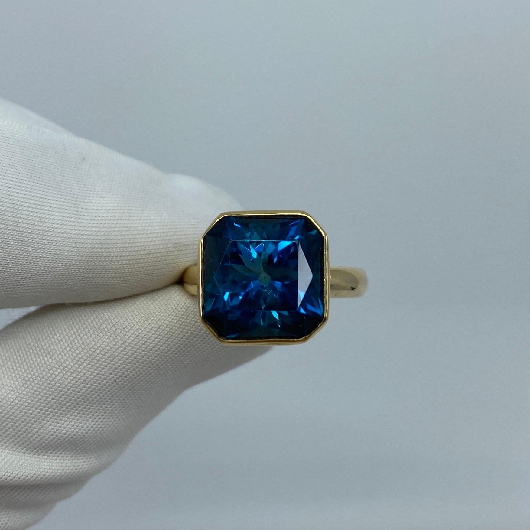 Large 11.93 Carat London Blue Topaz Fancy Square Cut 18 Karat Gold Handmade Ring For Sale 1