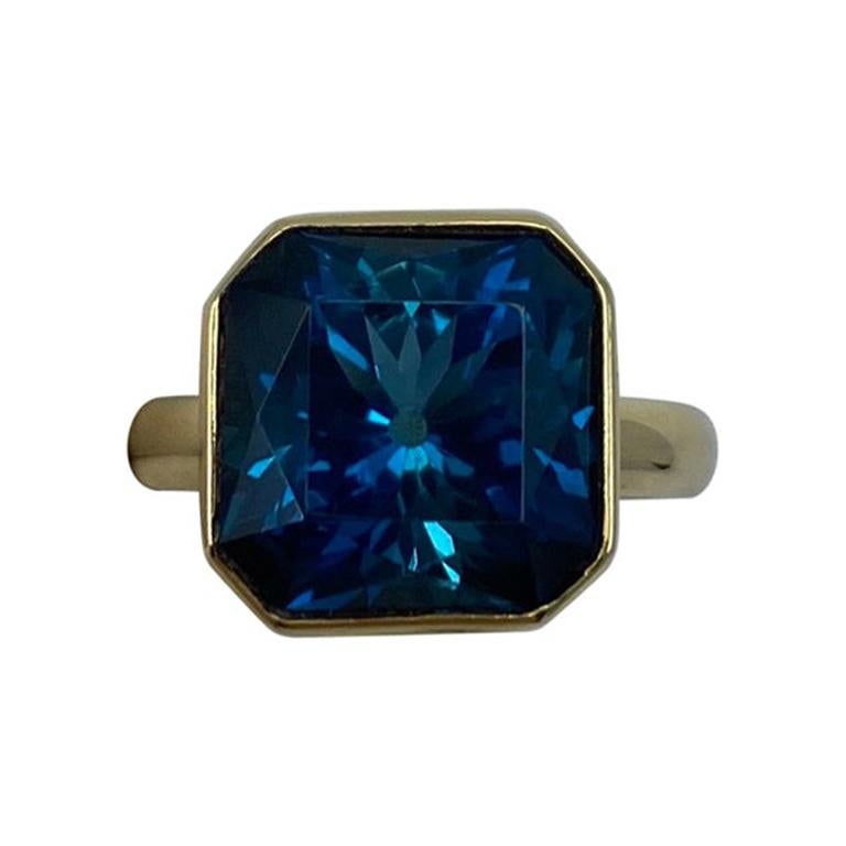 Large 11.93 Carat London Blue Topaz Fancy Square Cut 18 Karat Gold Handmade Ring For Sale