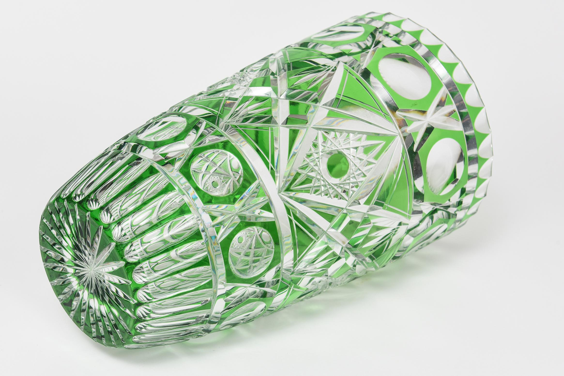 20th Century Bohemian Czech Green Cut to Clear Cut Glass Crystal Vase 4