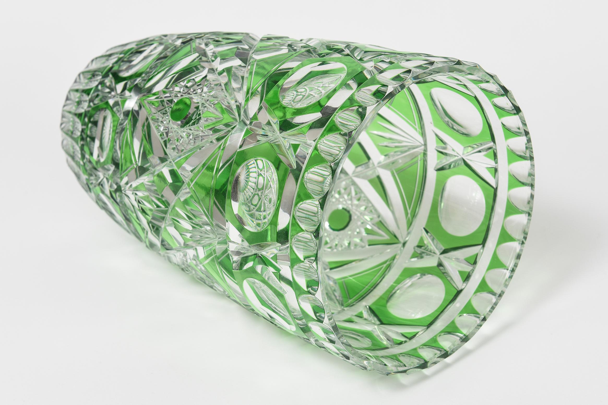 20th Century Bohemian Czech Green Cut to Clear Cut Glass Crystal Vase 5