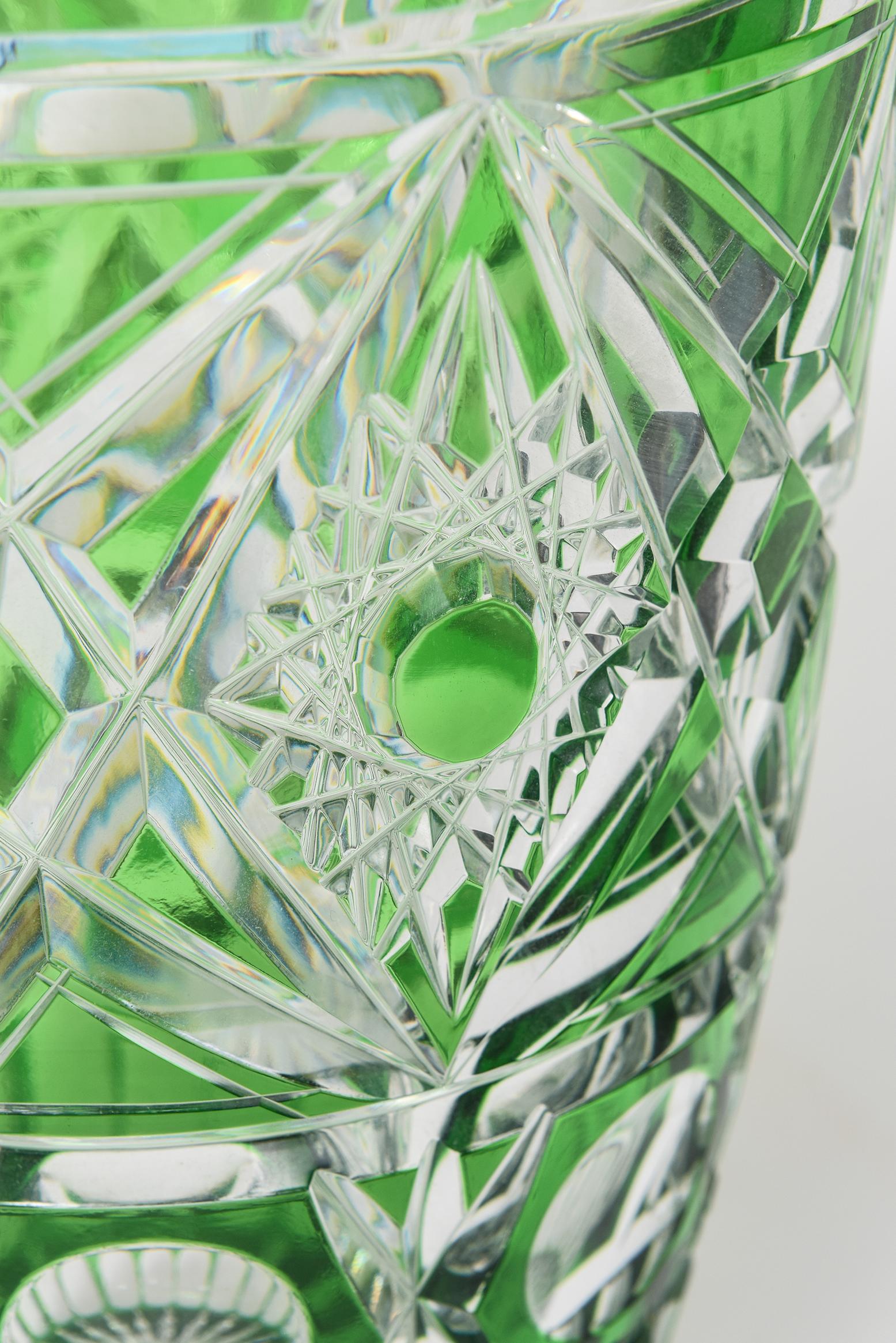 20th Century Bohemian Czech Green Cut to Clear Cut Glass Crystal Vase In Good Condition In Miami Beach, FL