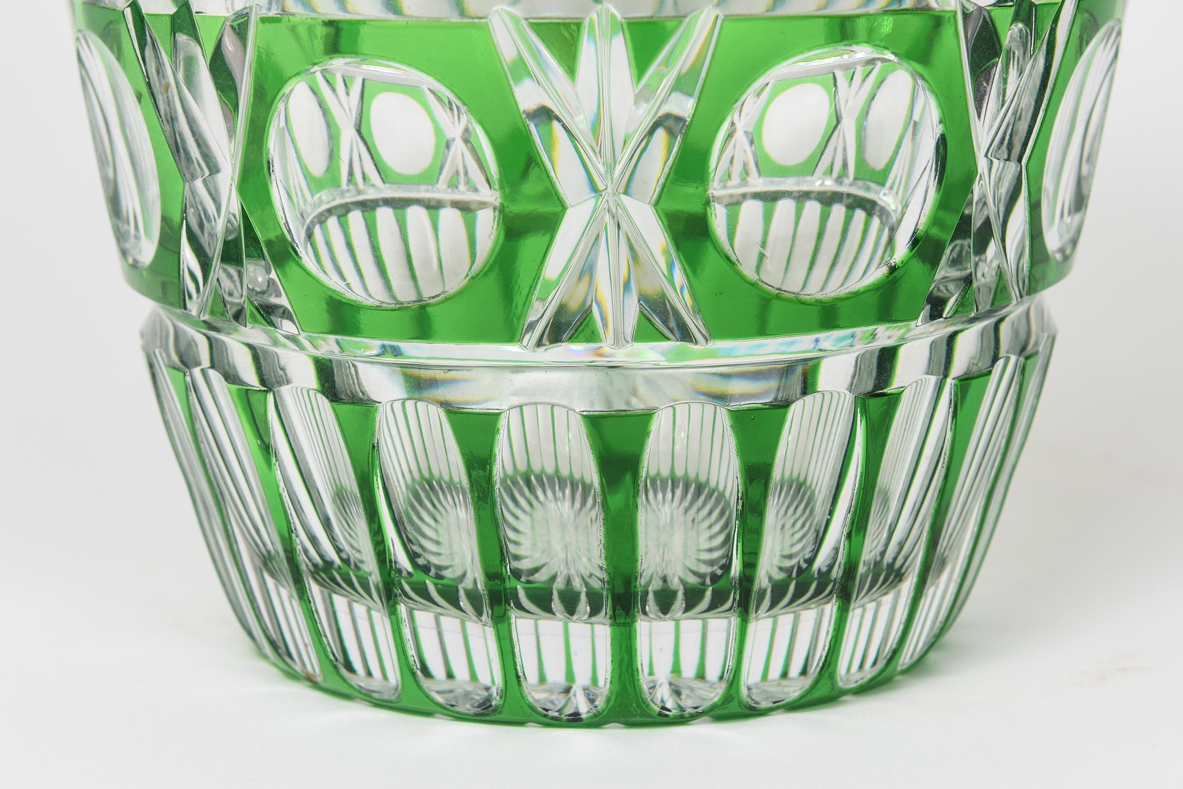 20th Century Bohemian Czech Green Cut to Clear Cut Glass Crystal Vase 1