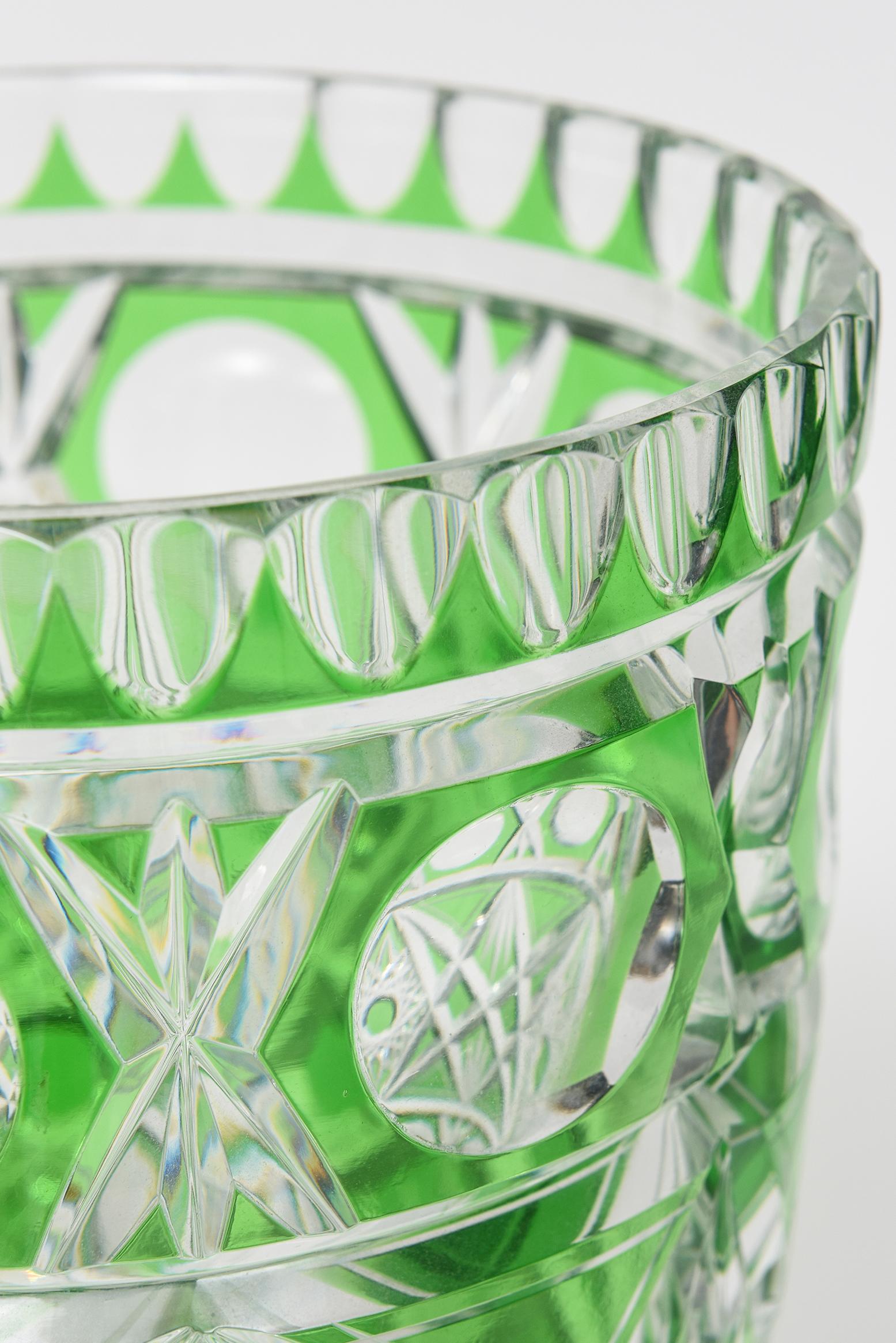 20th Century Bohemian Czech Green Cut to Clear Cut Glass Crystal Vase 3