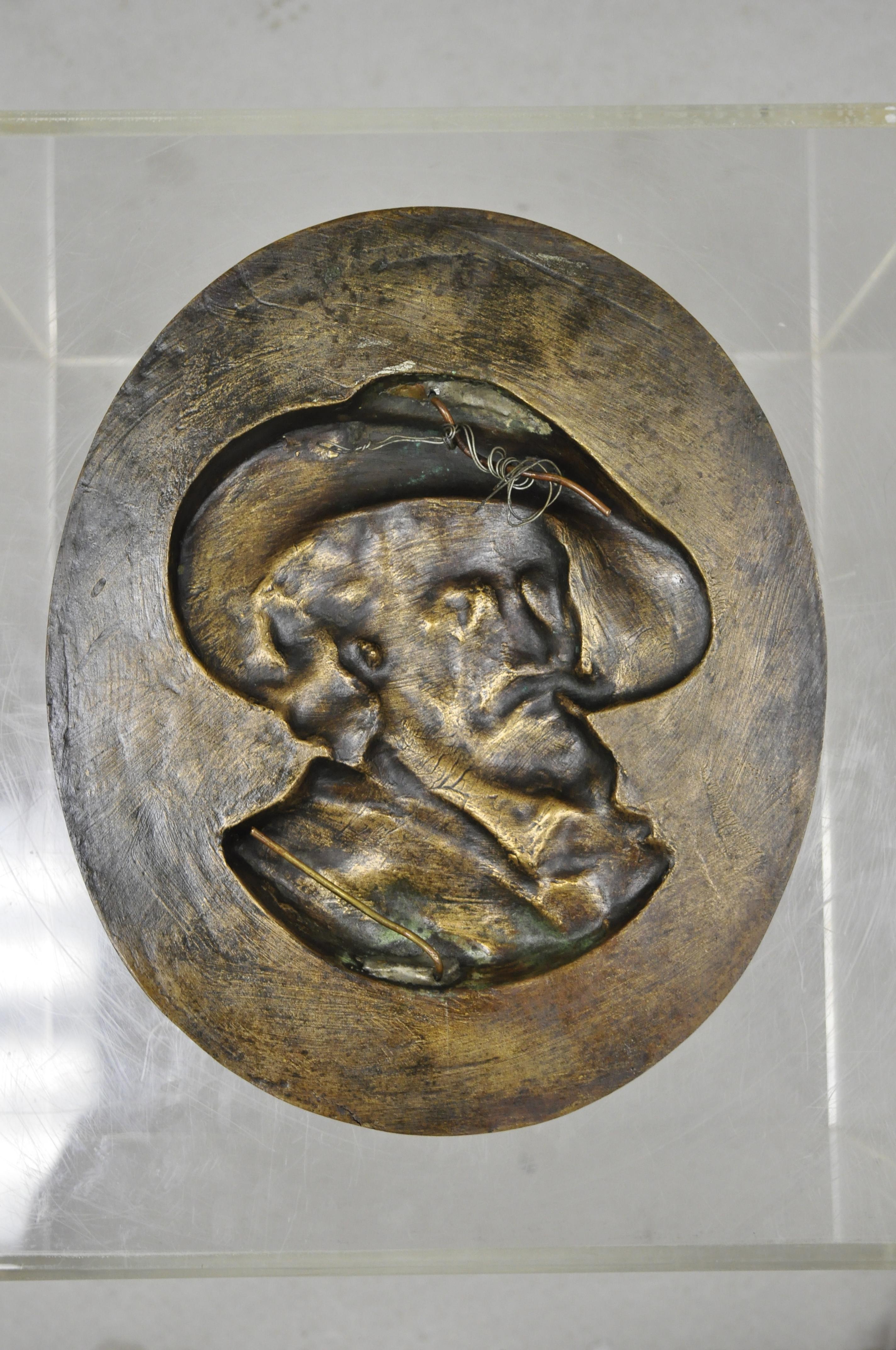 Large Antique Bronze Relief Musketeer Cavalier Wall Plaque In Good Condition In Philadelphia, PA