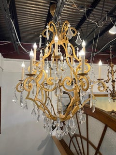 Large 12-Arm Iron and Crystal Chandelier in Gold Finish