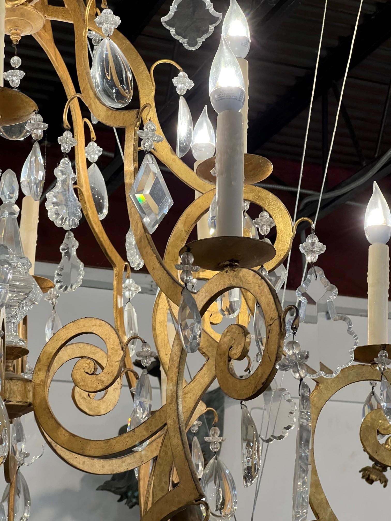 Contemporary Large 12-Arm Iron and Crystal Chandelier in Gold Finish   For Sale