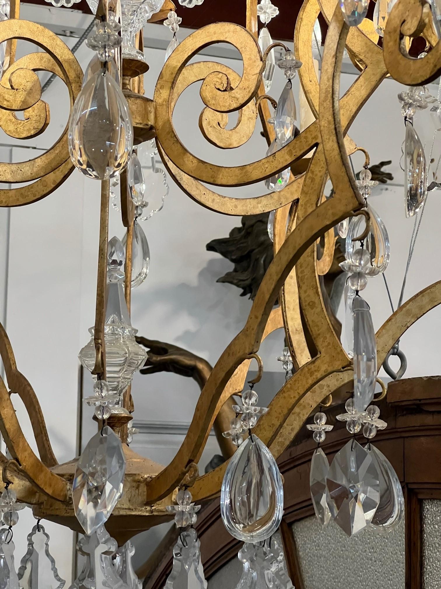 Large 12-Arm Iron and Crystal Chandelier in Gold Finish   For Sale 1