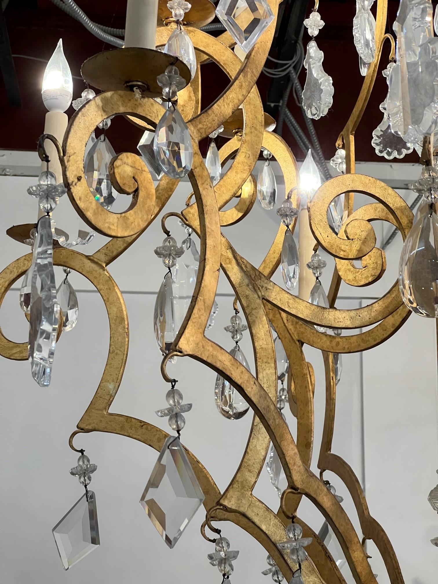 Large 12-Arm Iron and Crystal Chandelier in Gold Finish   For Sale 3
