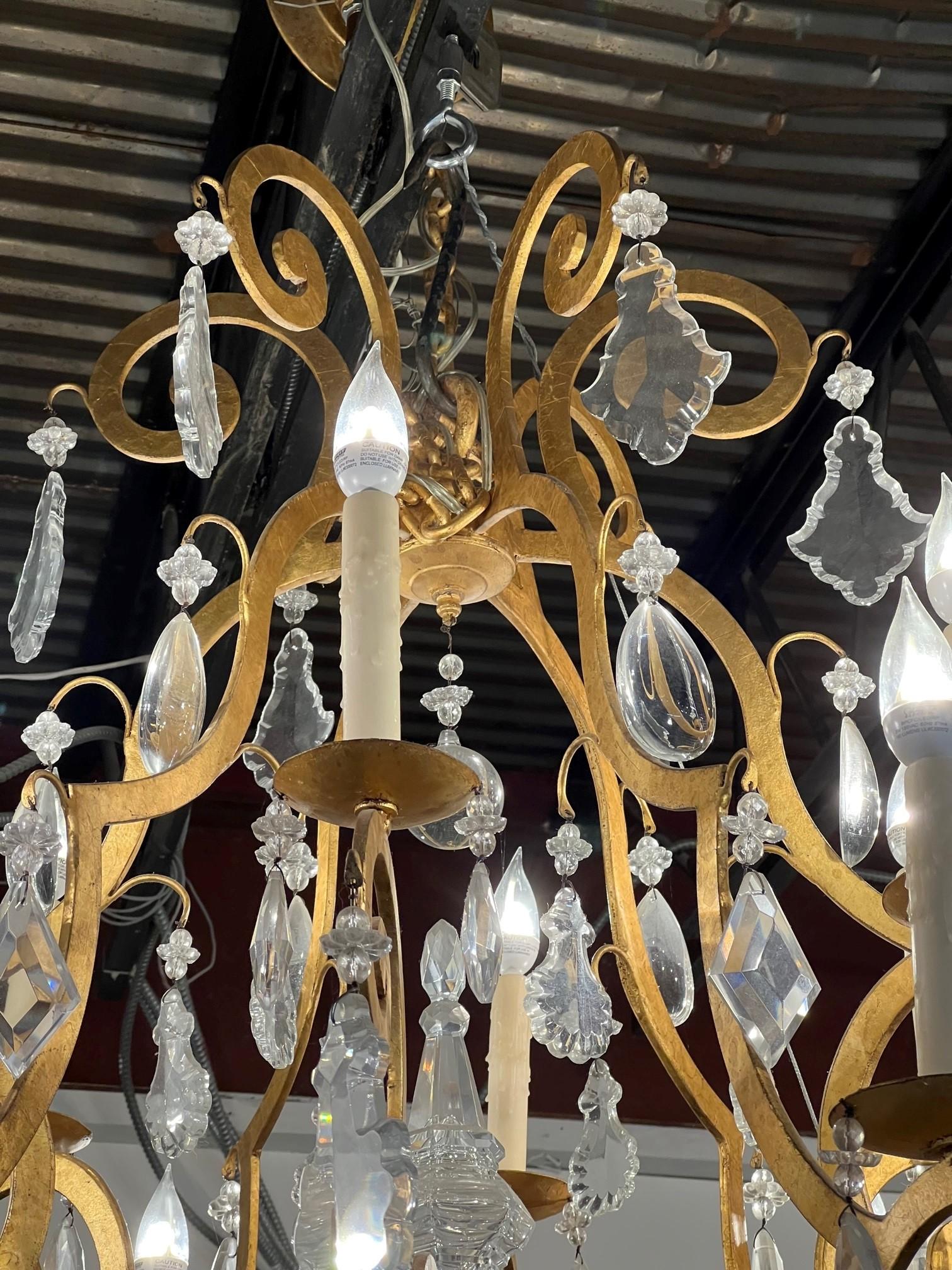 Large 12-Arm Iron and Crystal Chandelier in Gold Finish   For Sale 5