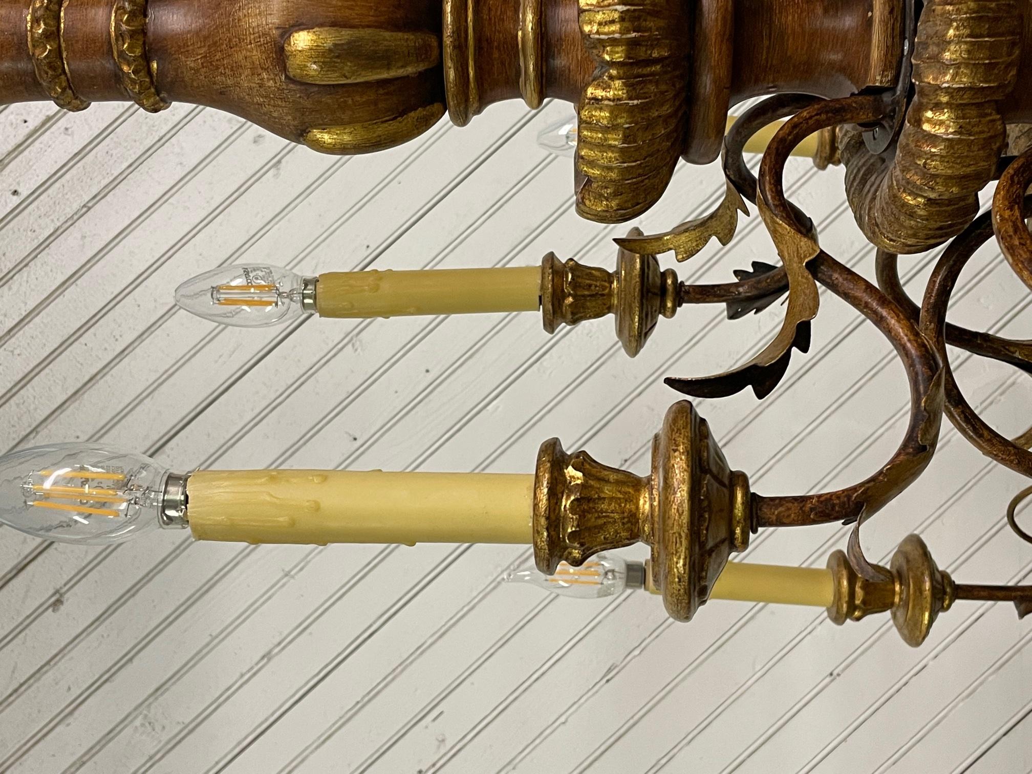 Large 12-Arm Tole and Wood Chandelier In Good Condition In Jacksonville, FL