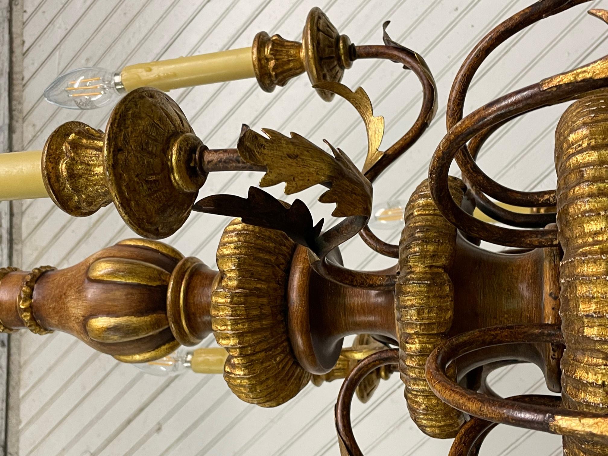 Late 20th Century Large 12-Arm Tole and Wood Chandelier