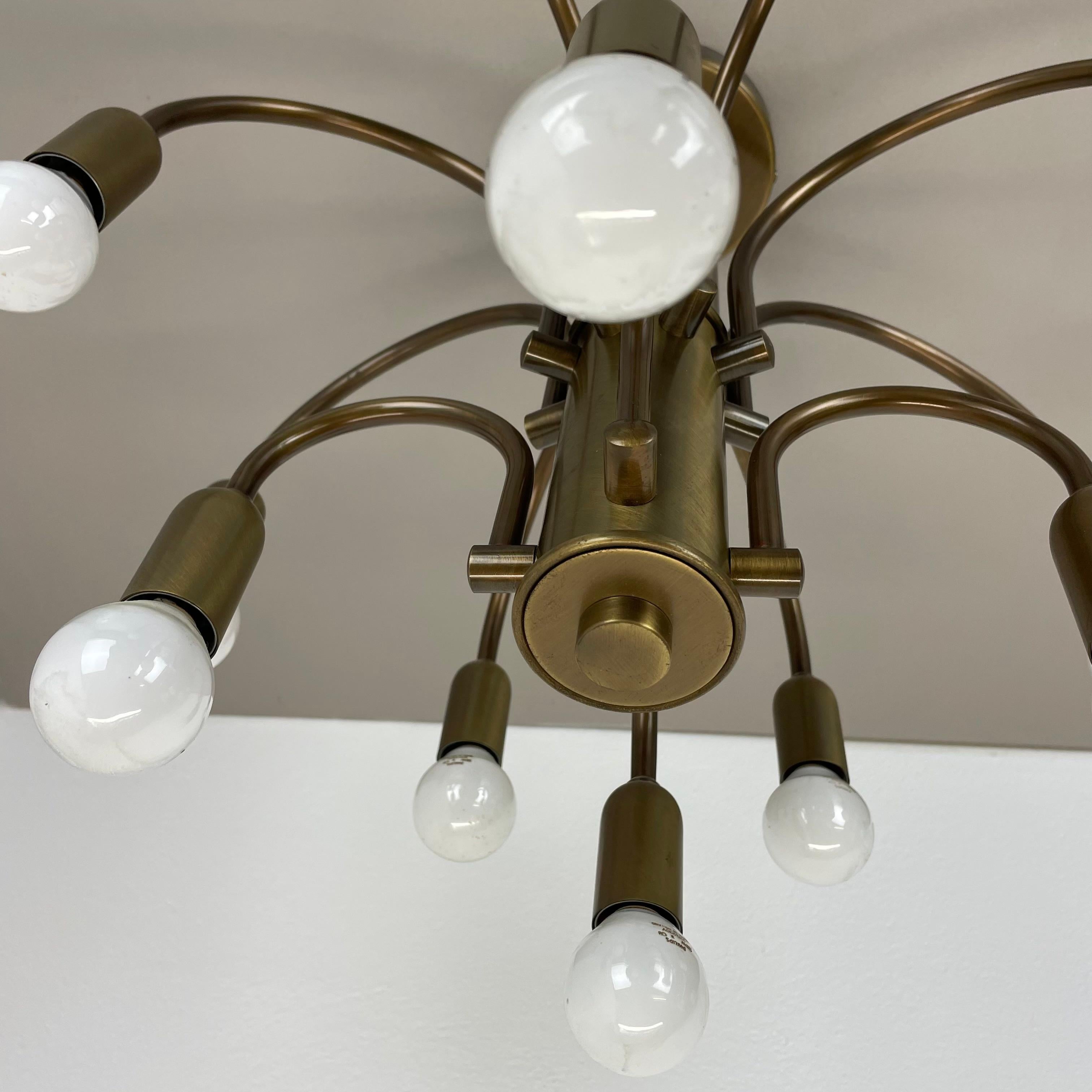 large 12-armed solid Brass ceiling light Chandelier by WKR Lights, Germany 1970s For Sale 3