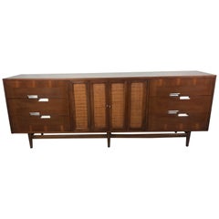 Large 12 Drawer Martinsville Walnut Credenza with Aluminum Accents, 1960s