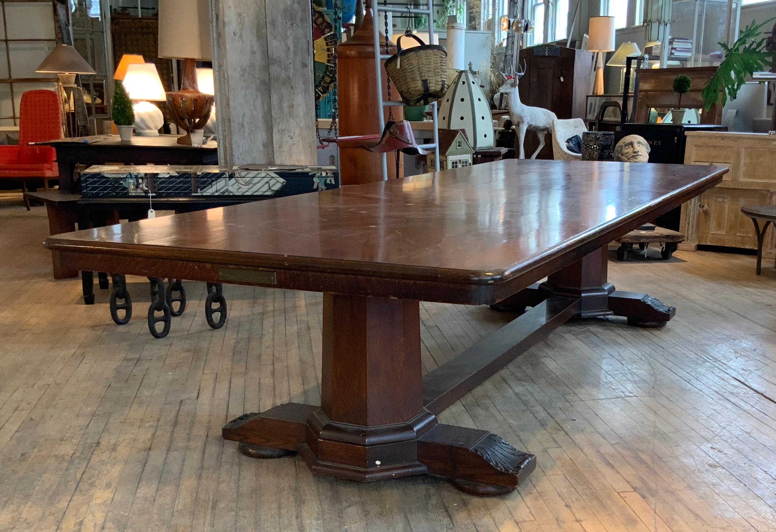 Large Double Pedestal Elks Lodge Table, circa 1910 In Good Condition In Hudson, NY