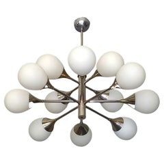 Retro Large 12 Light Kaiser Modernist Sputnik Chandelier Chrome White Glass 1960 Lelii