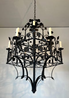 Large 12-light Wrought Iron Chandelier with Clovers and Foliage Decorations