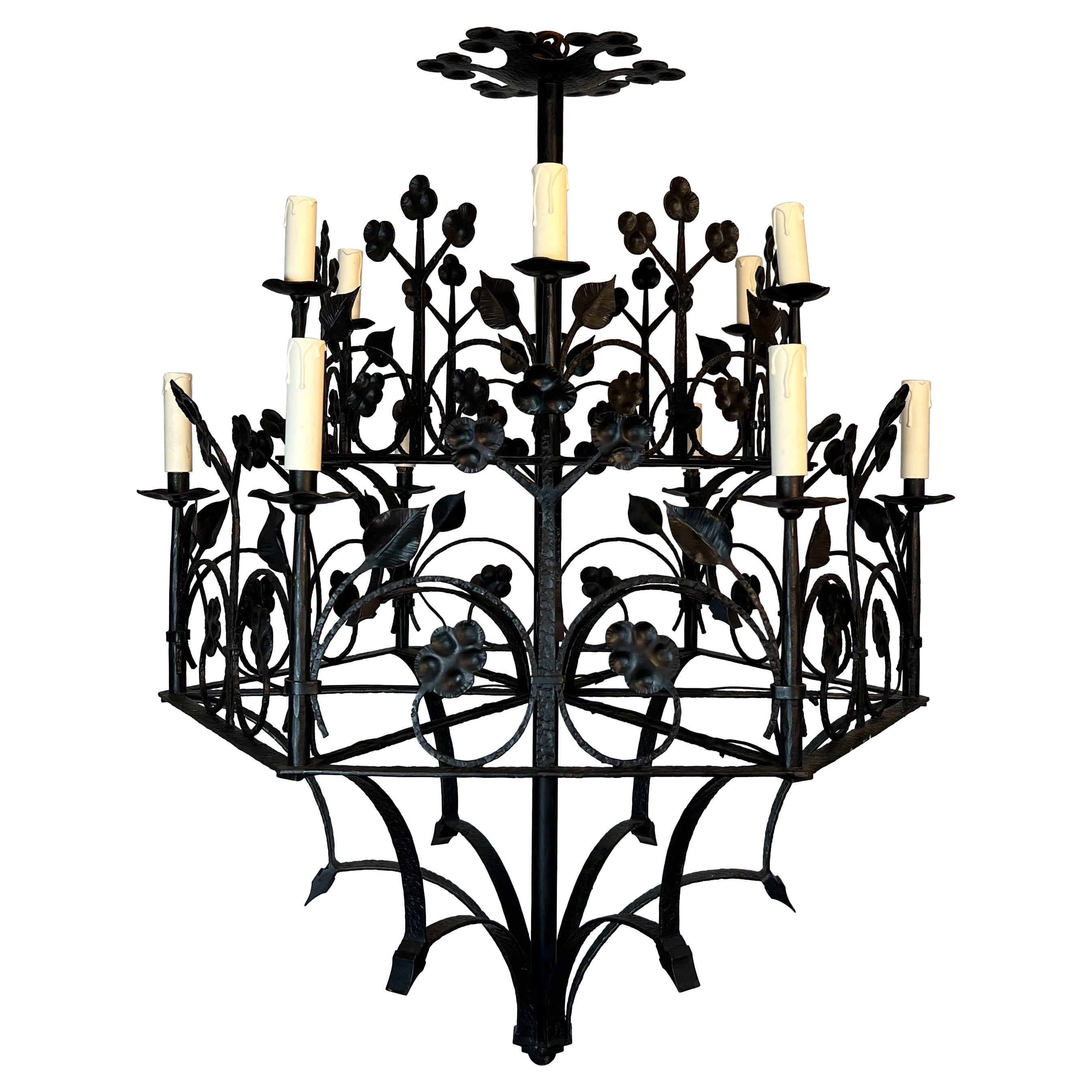 Large 12-light Wrought Iron Chandelier with Clovers and Foliage Decorations For Sale