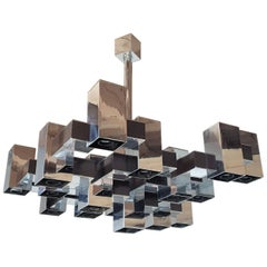 Large 12 Lights Mid-Century Modern Square Shape Chrome Chandelier Sciolari 1960s