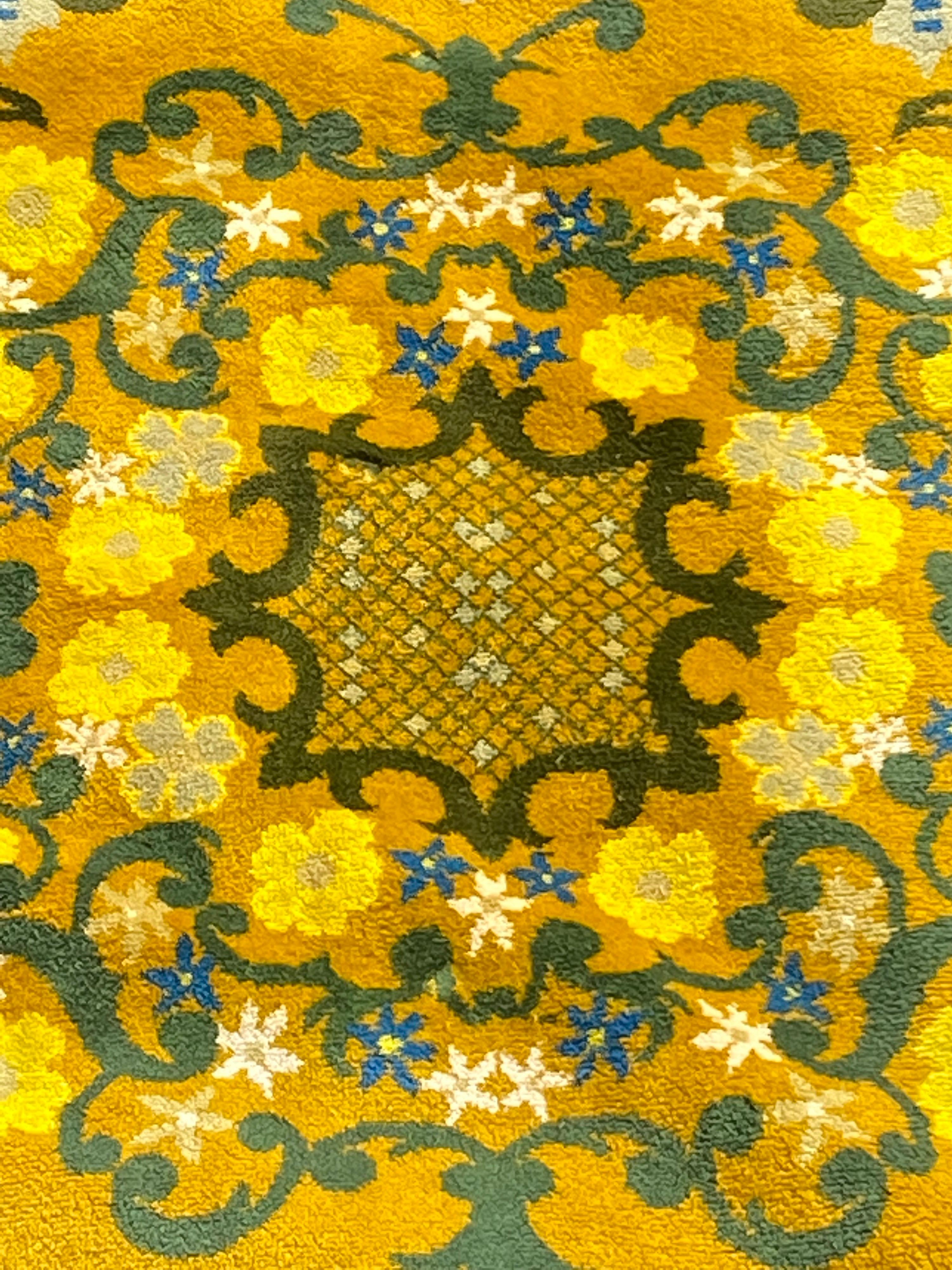 Large 12' square Portuguese wool rug. Great colors and in very nice condition! Just Cleaned and ready to go! Bright Yellows and Greens! Add a little zip to that room!