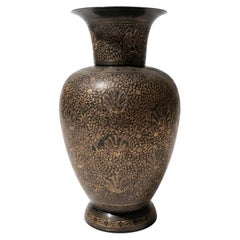 Large 13" Etched Brass Vase with Peacock Design