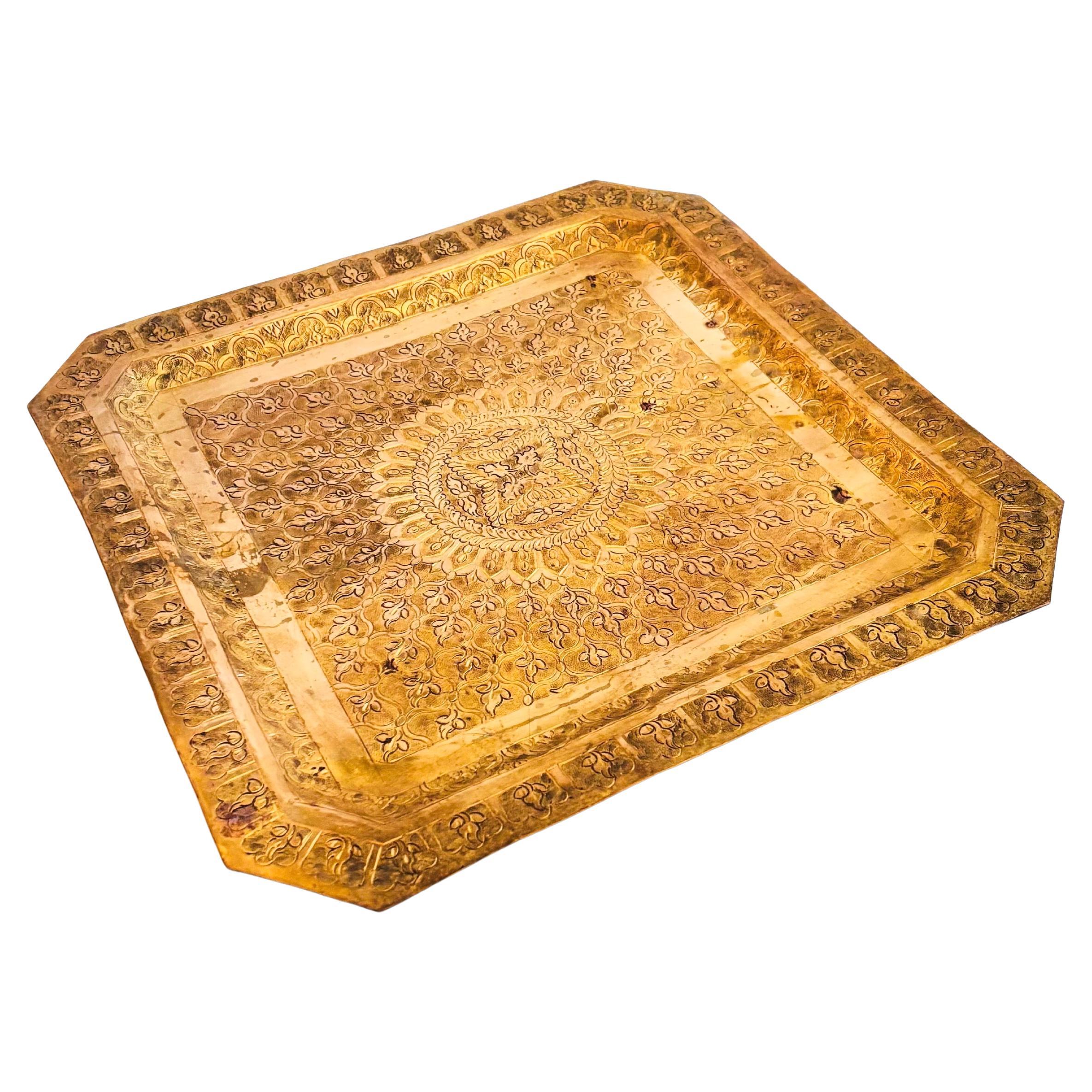 Large 13" Square Etched Brass Tray
