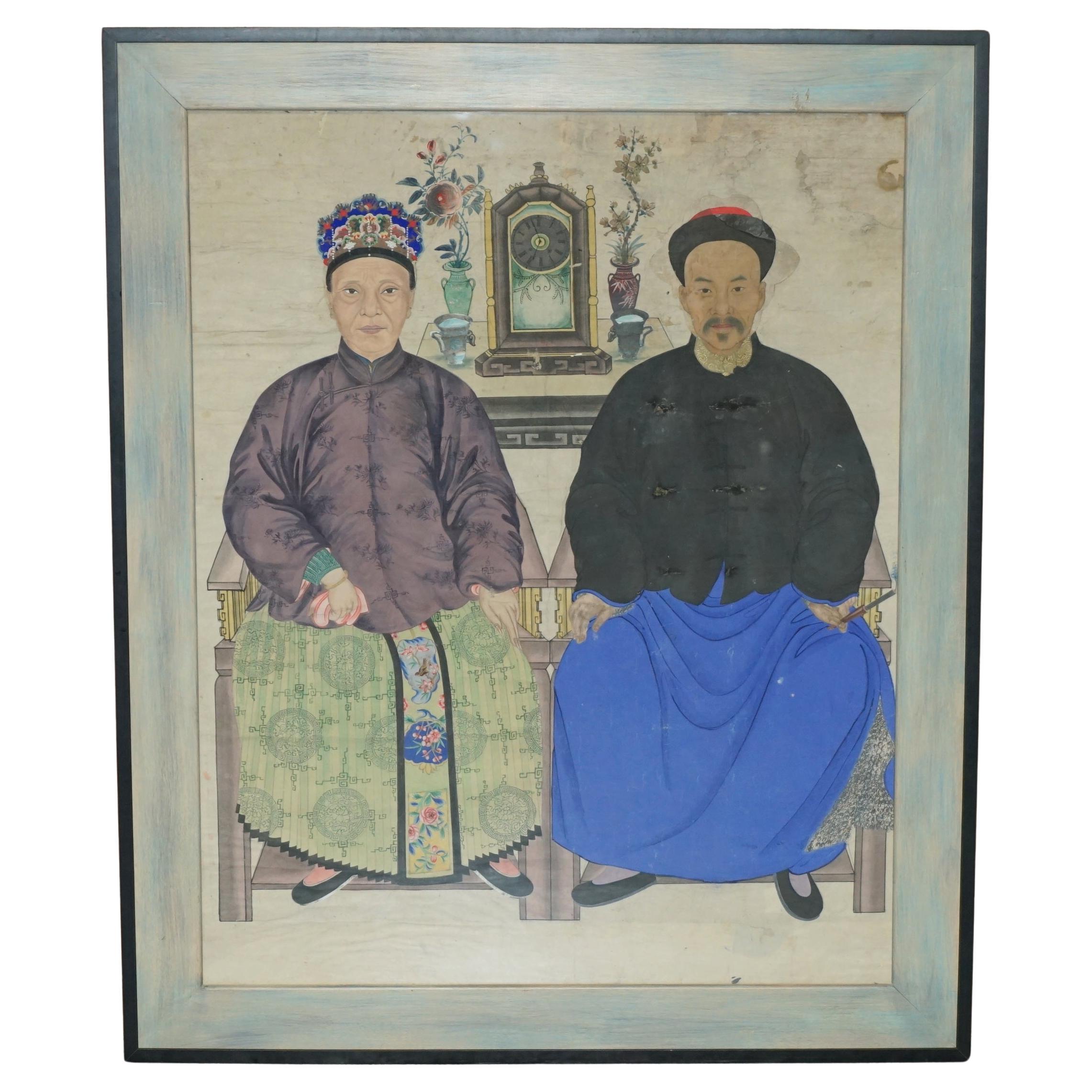 LARGE 138X114CM ANTIQUE CHINESE ANCESTRAL PORTRAIT WITH LOVELY BLACK FRAMe