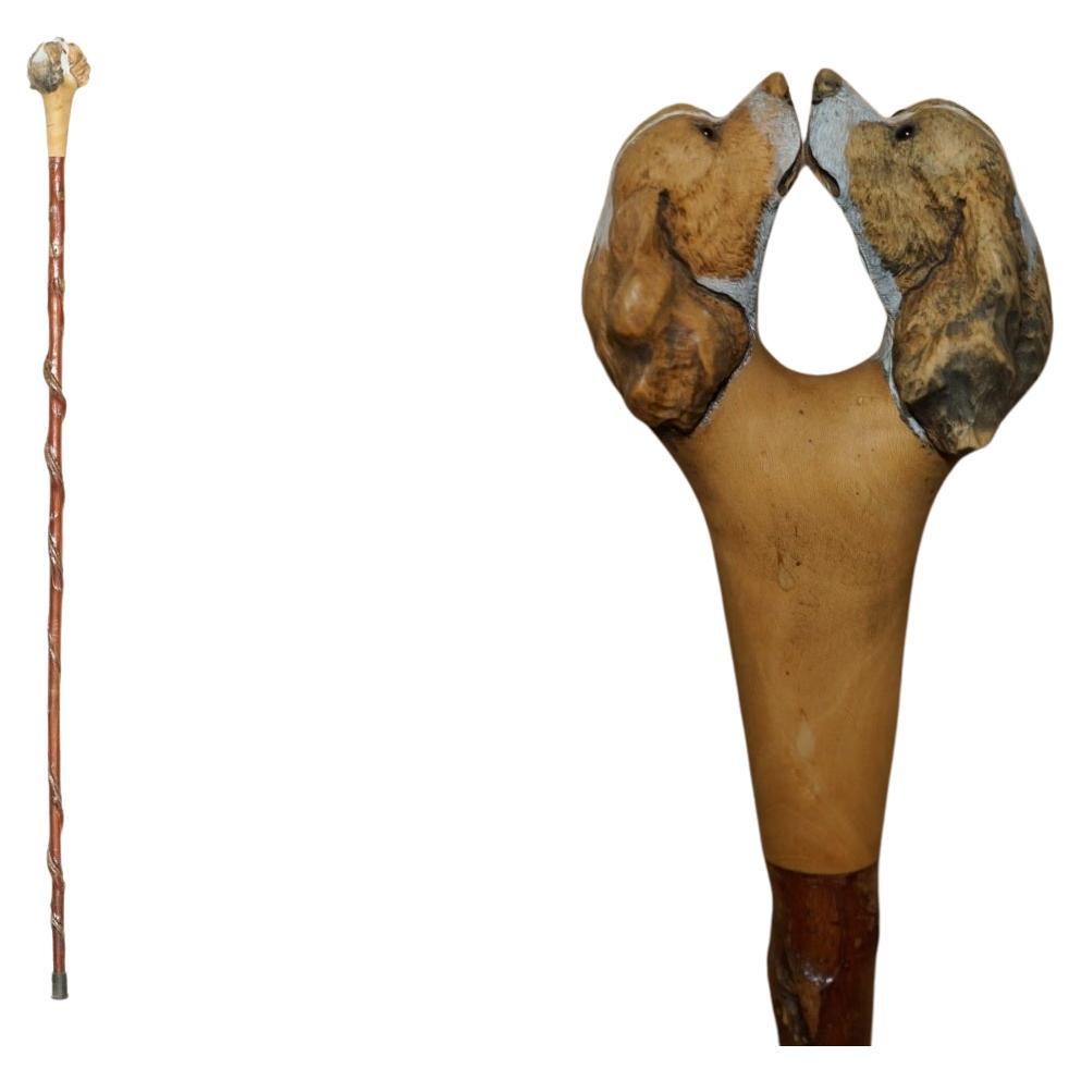 Large Shepherds Walking Stick with Two Spaniel Dogs Heads For Sale