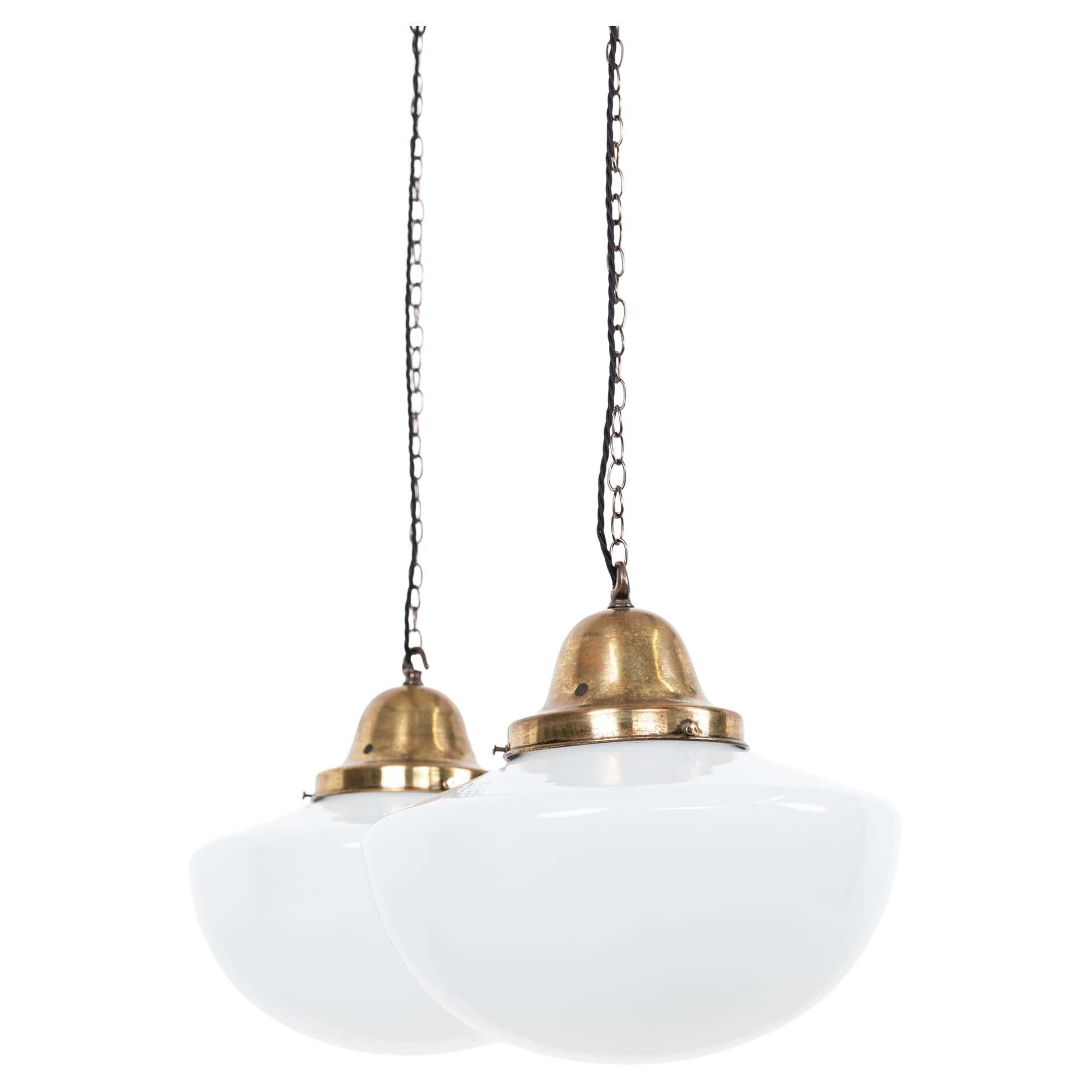 Large 14" Antique Art Deco Church Opaline Glass Suspension Light, C.1920