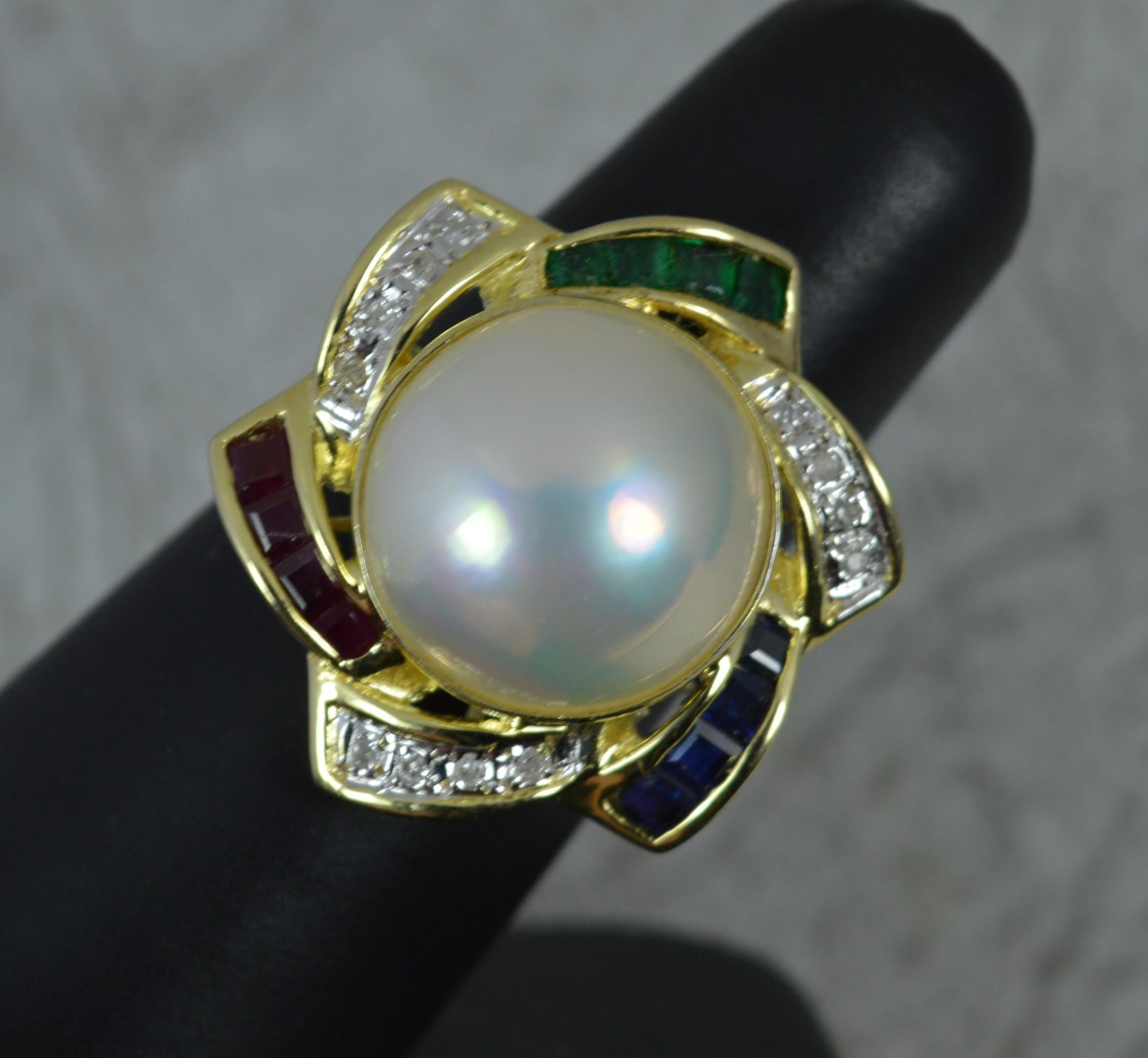 Large 14 Carat Gold Mabe Pearl Emerald Ruby Sapphire Diamond Cluster Ring For Sale 3