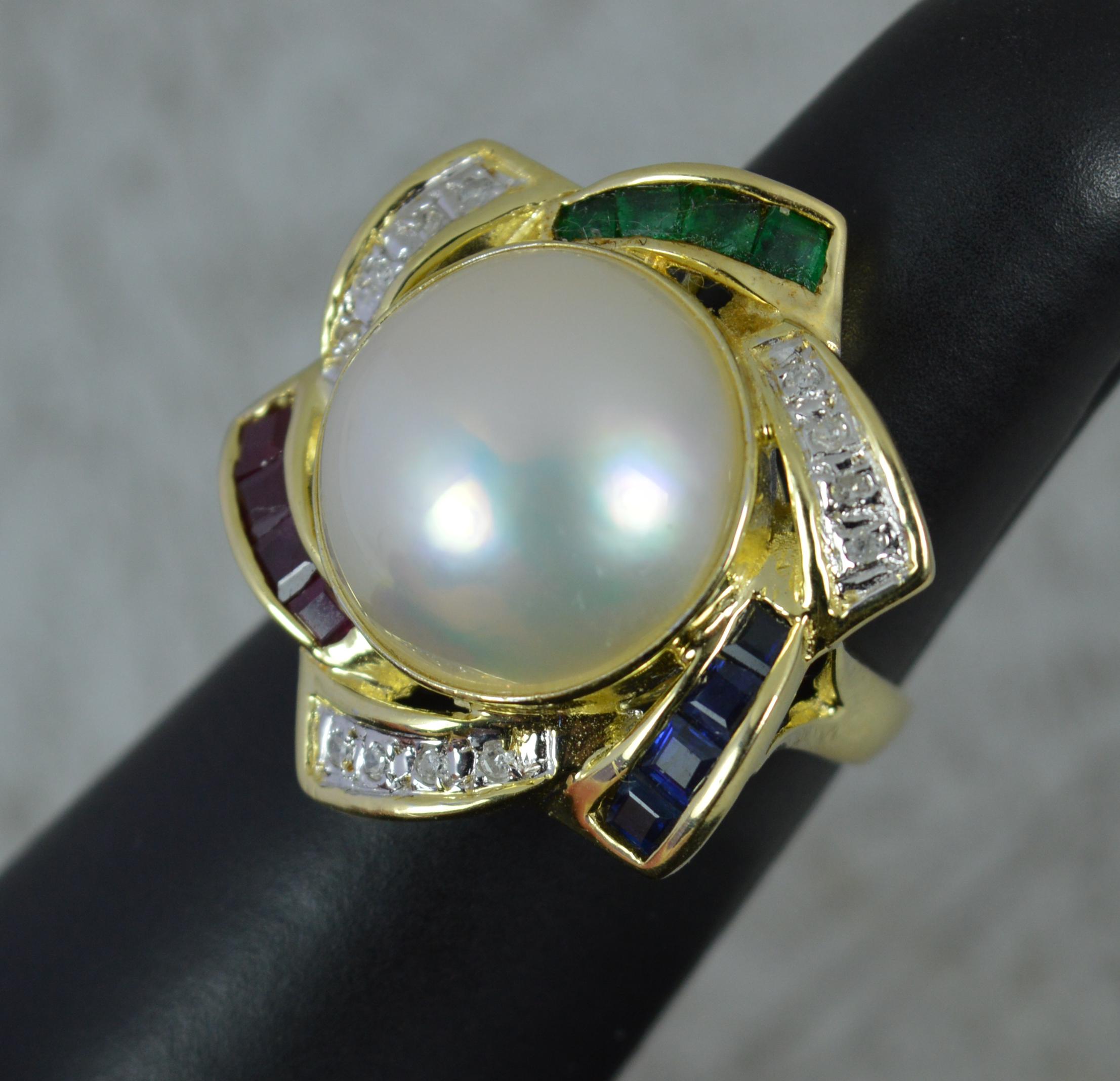 Large 14 Carat Gold Mabe Pearl Emerald Ruby Sapphire Diamond Cluster Ring For Sale 4